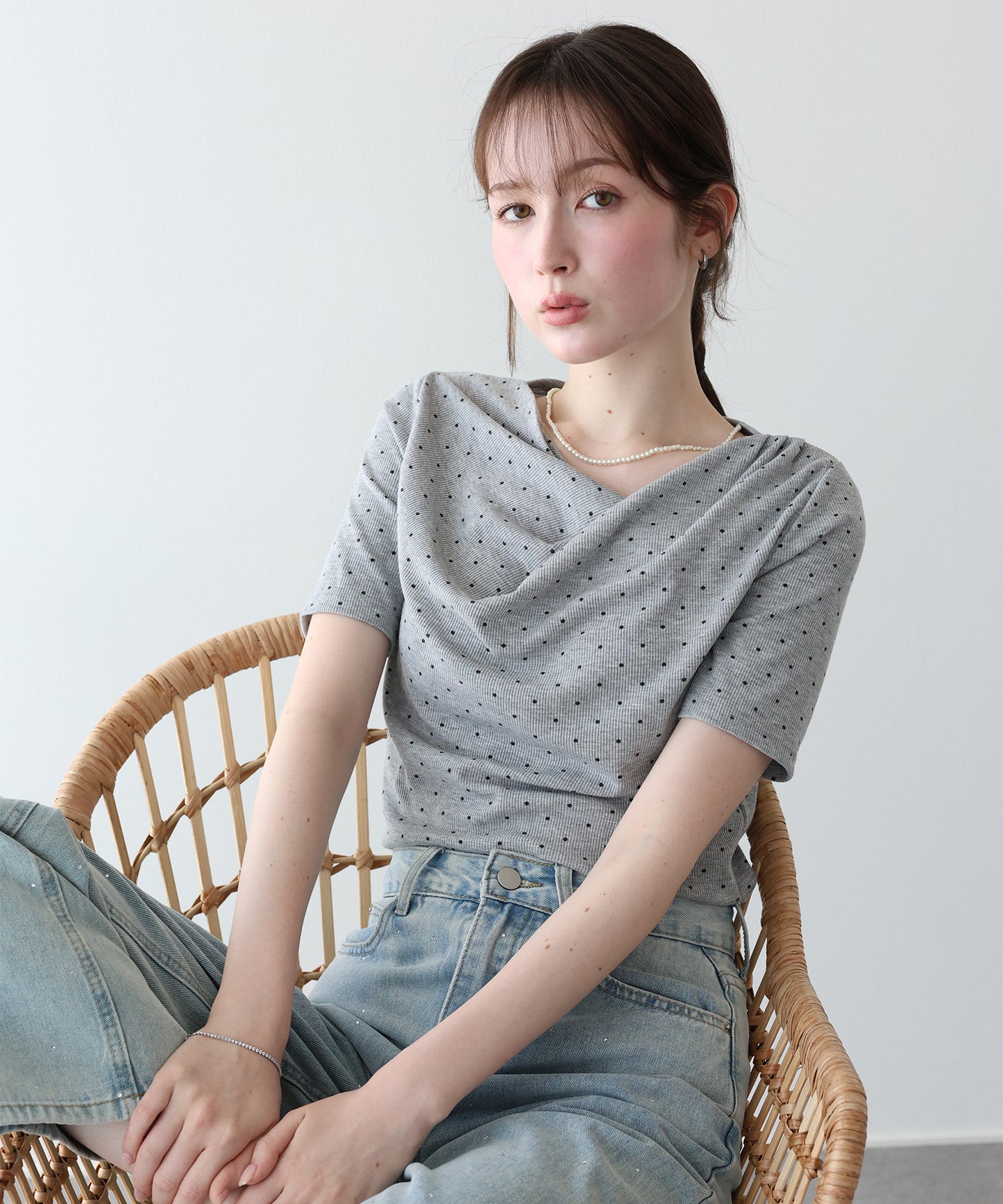 【早割5％OFF】ドットドレープネックリブTシャツ【メール便】