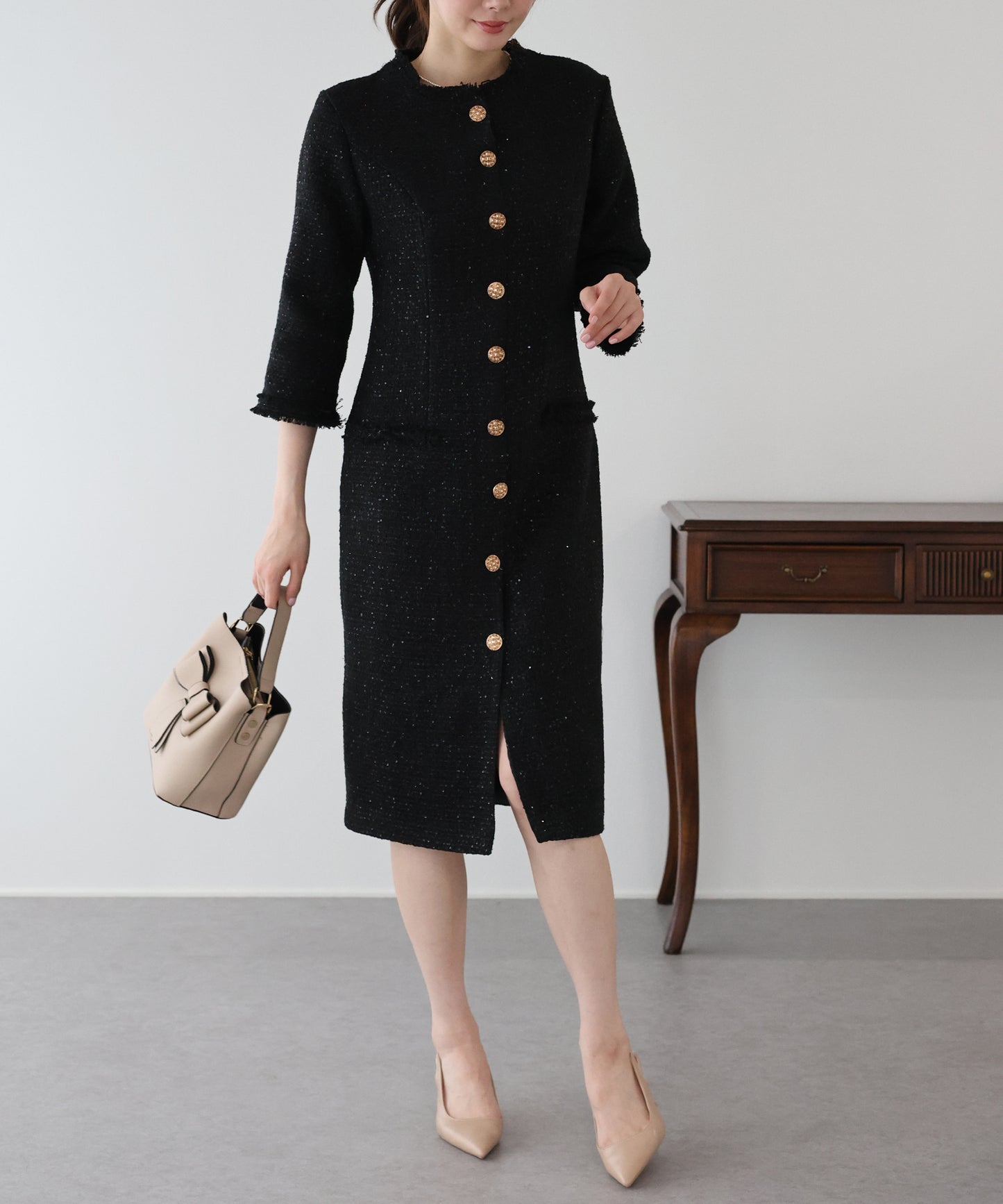 ラメツイードワンピース 卒業式 入学式 結婚式 成人式 二次会 同窓会 セレモニー パーティードレス