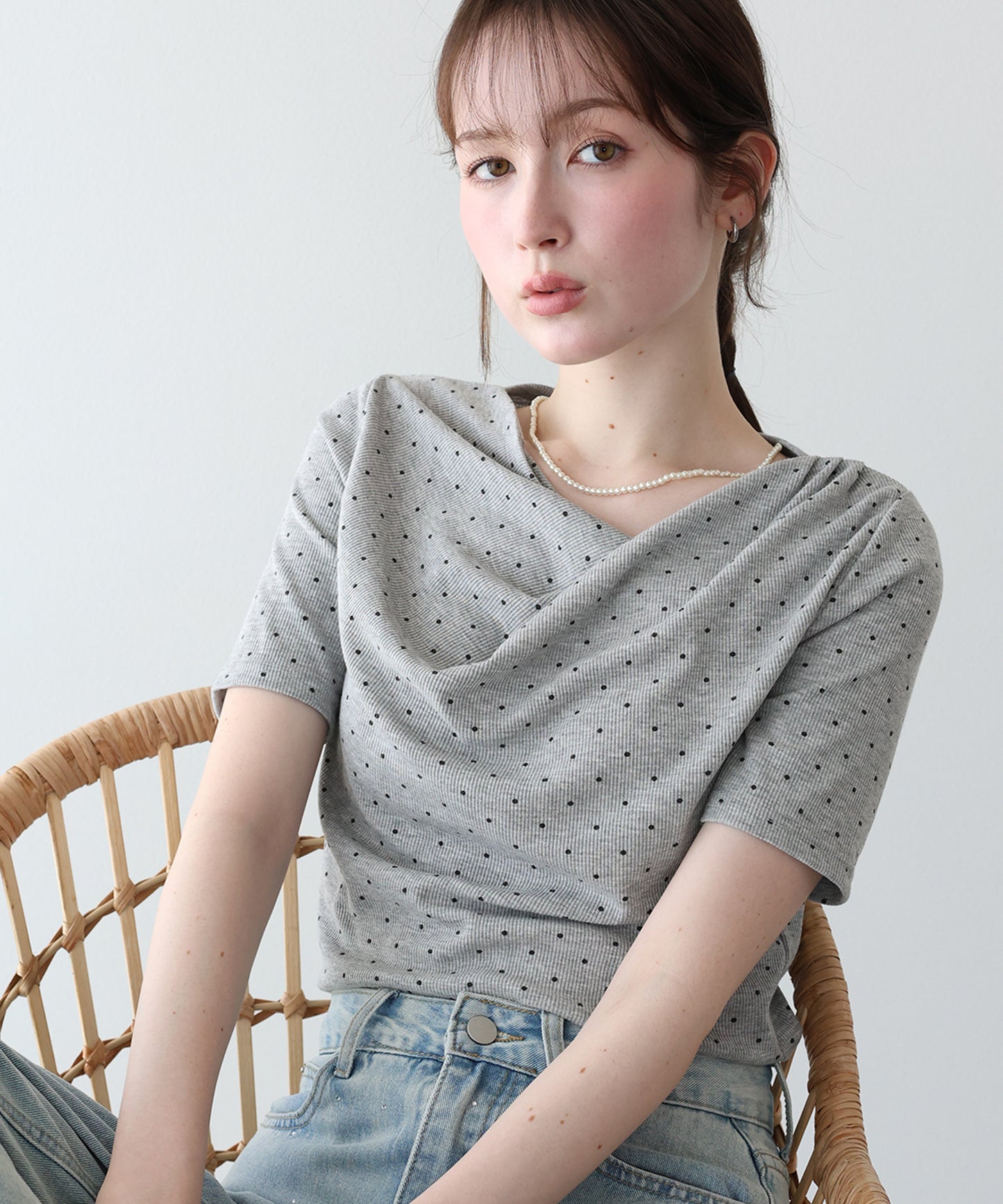 ドットドレープネックリブTシャツ【メール便】
