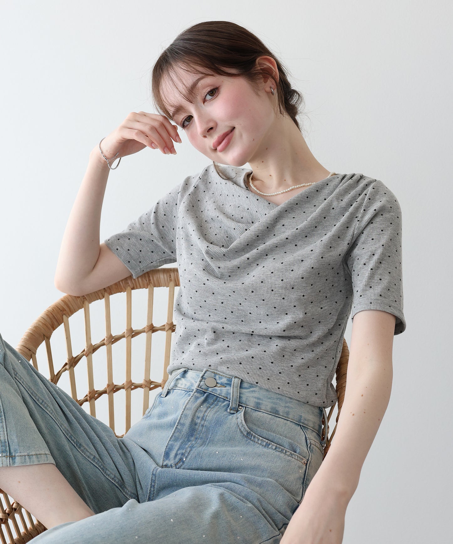 ドットドレープネックリブTシャツ【メール便】