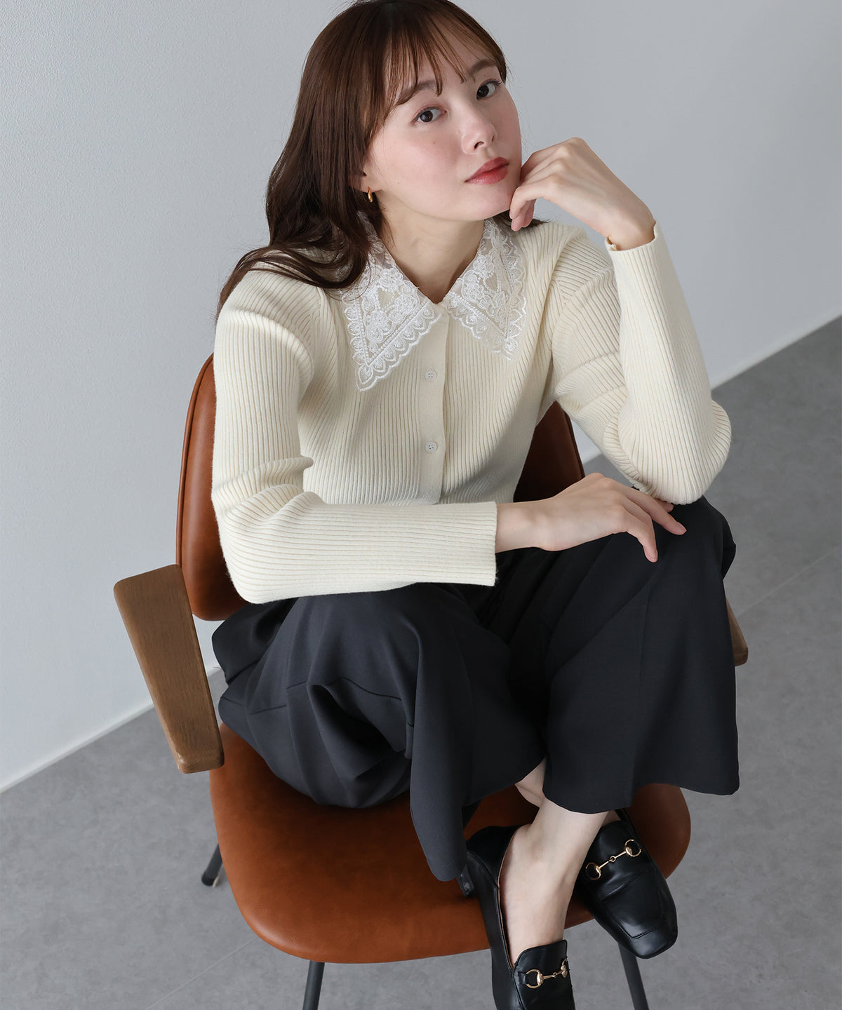 【早割5％OFF】レース襟リブカーディガン
