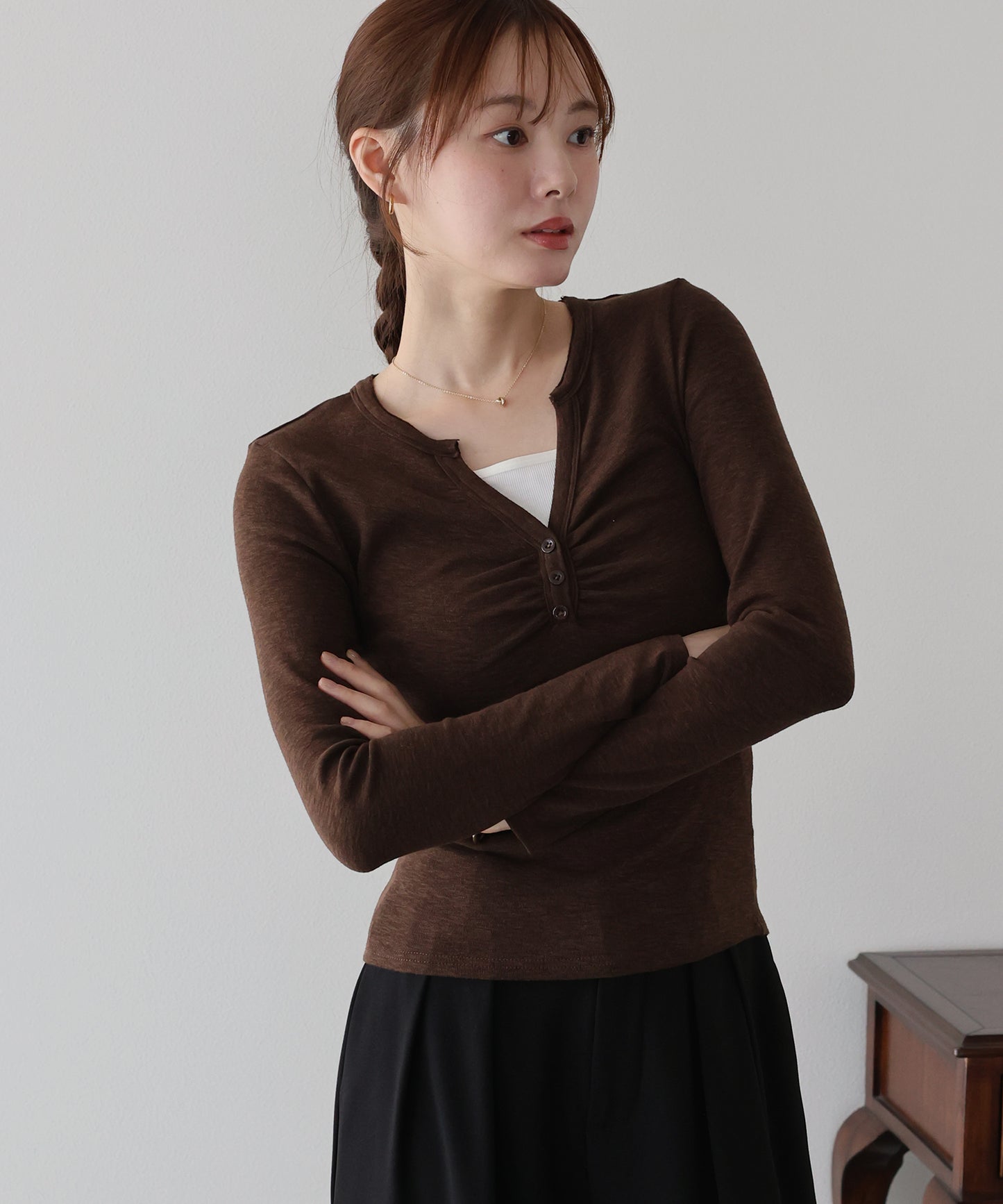 【早割5％OFF】ギャザーヘンリーネックカットソー【メール便】