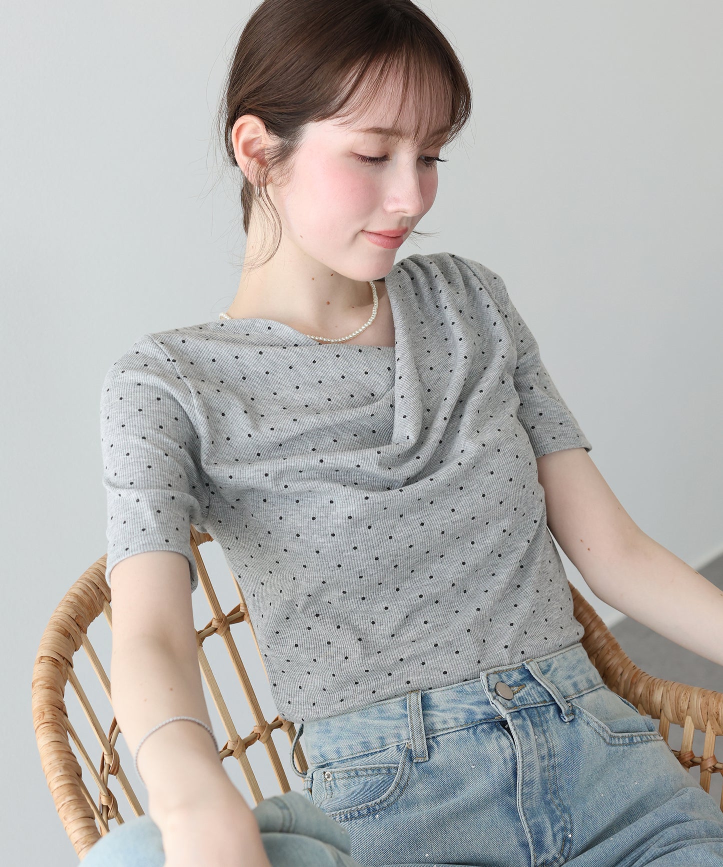 ドットドレープネックリブTシャツ【メール便】