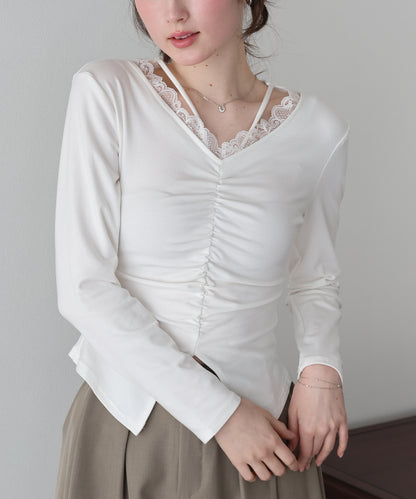 【早割5％OFF】フロントギャザーレースカットソー【ネコポス】