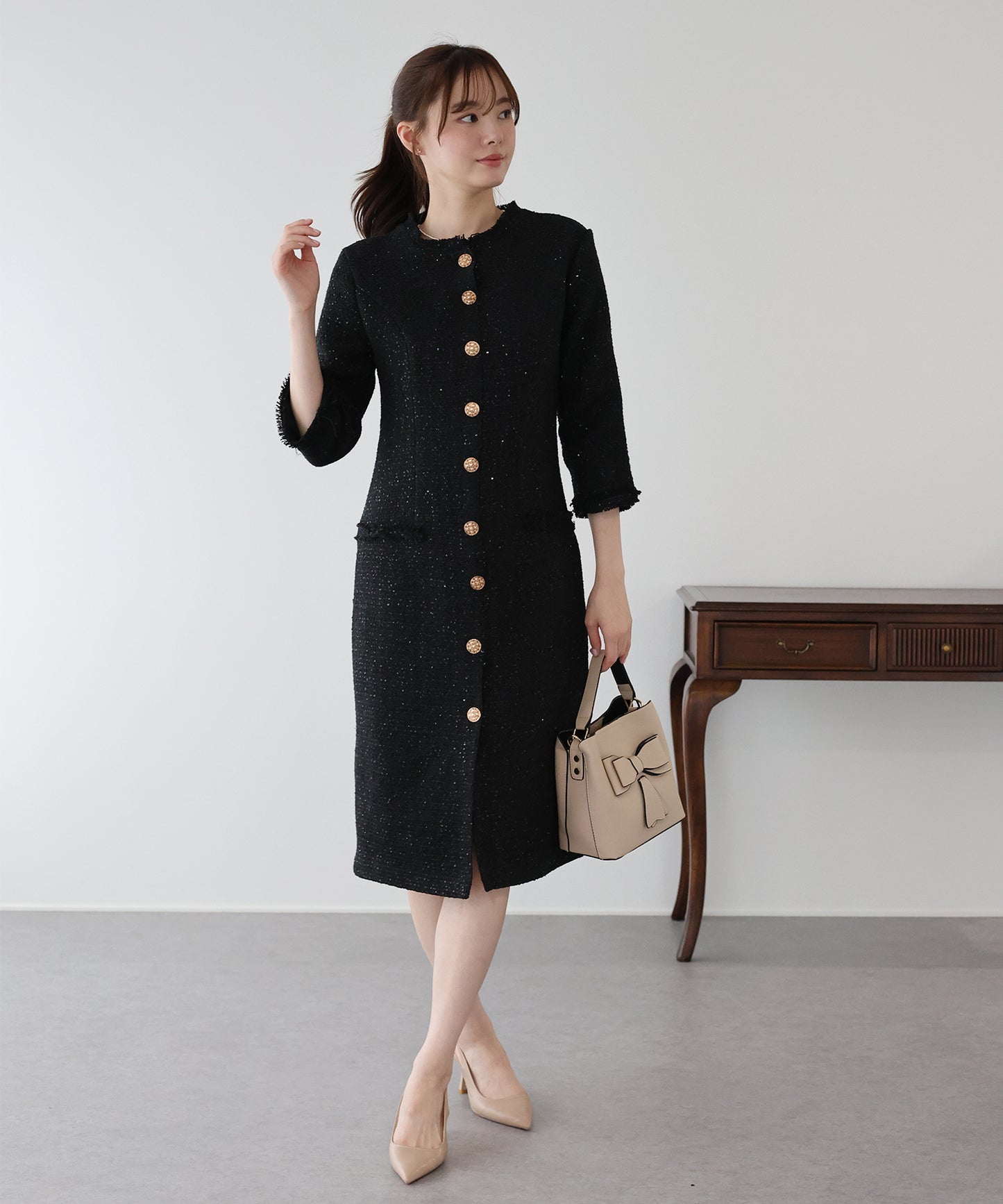 ラメツイードワンピース 卒業式 入学式 結婚式 成人式 二次会 同窓会 セレモニー パーティードレス