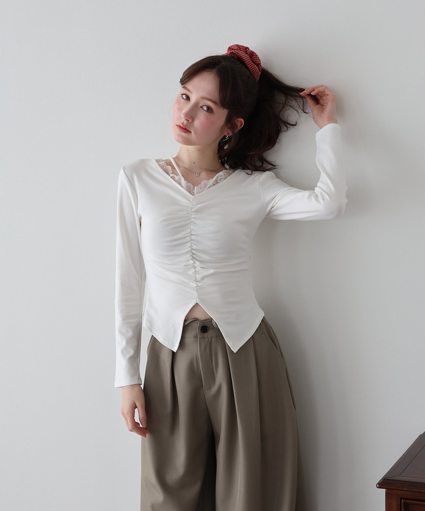 【早割5％OFF】フロントギャザーレースカットソー【ネコポス】