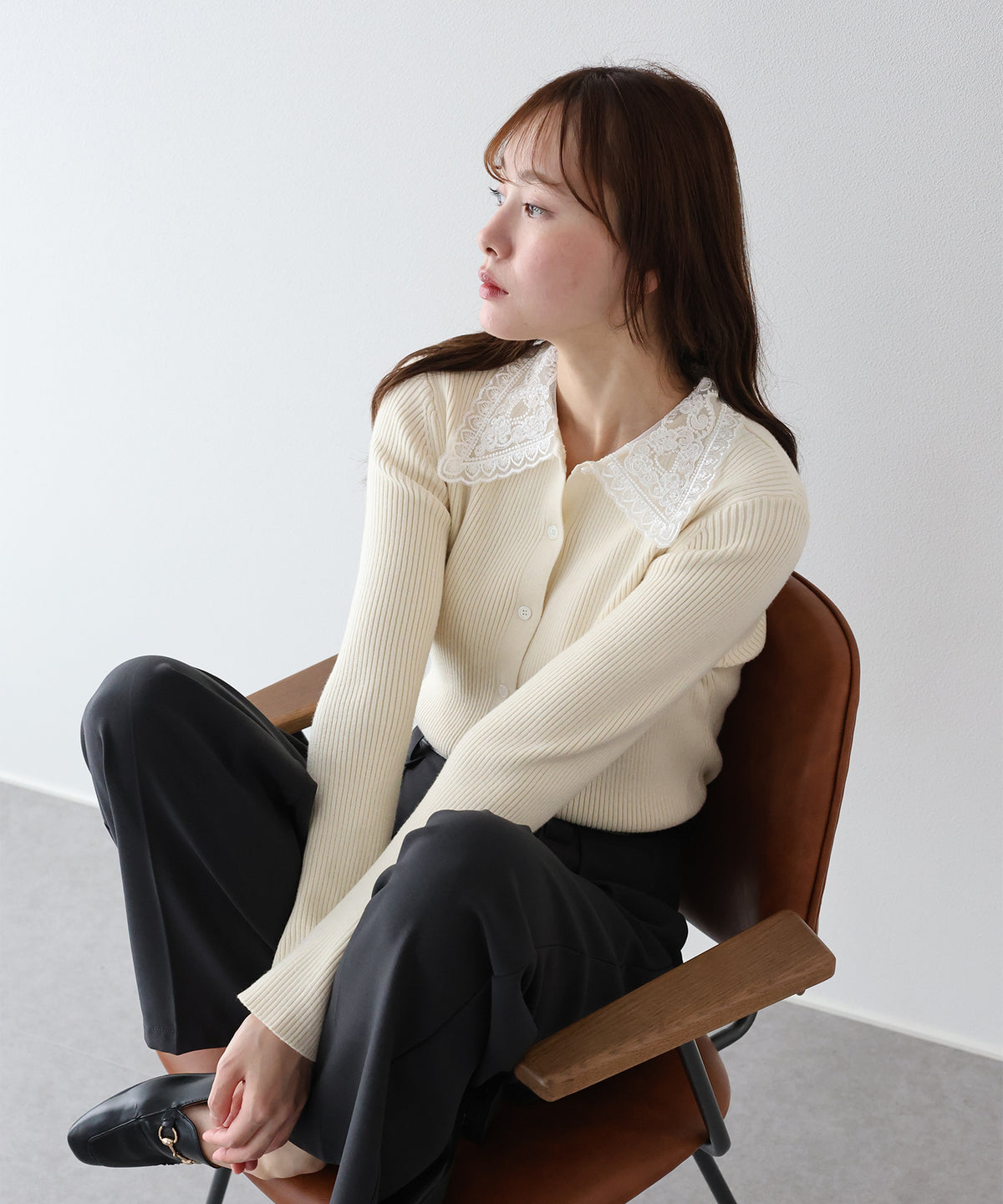 【早割5％OFF】レース襟リブカーディガン