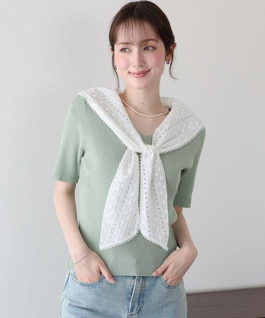 【早割5％OFF】コットンレースセーラーカラーニット