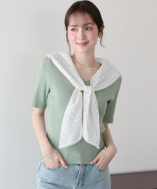 【早割5％OFF】コットンレースセーラーカラーニット
