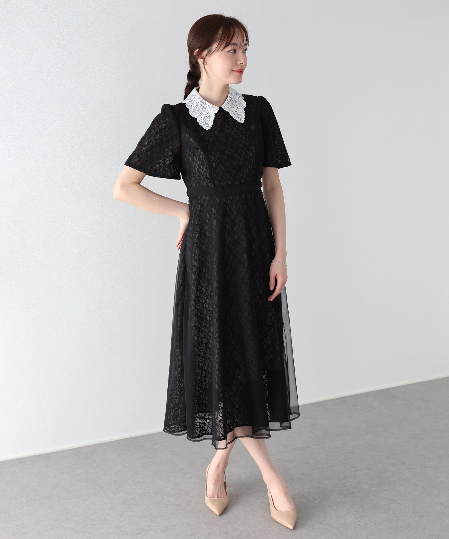 【早割5％OFF】レース襟チュールフレアドレス