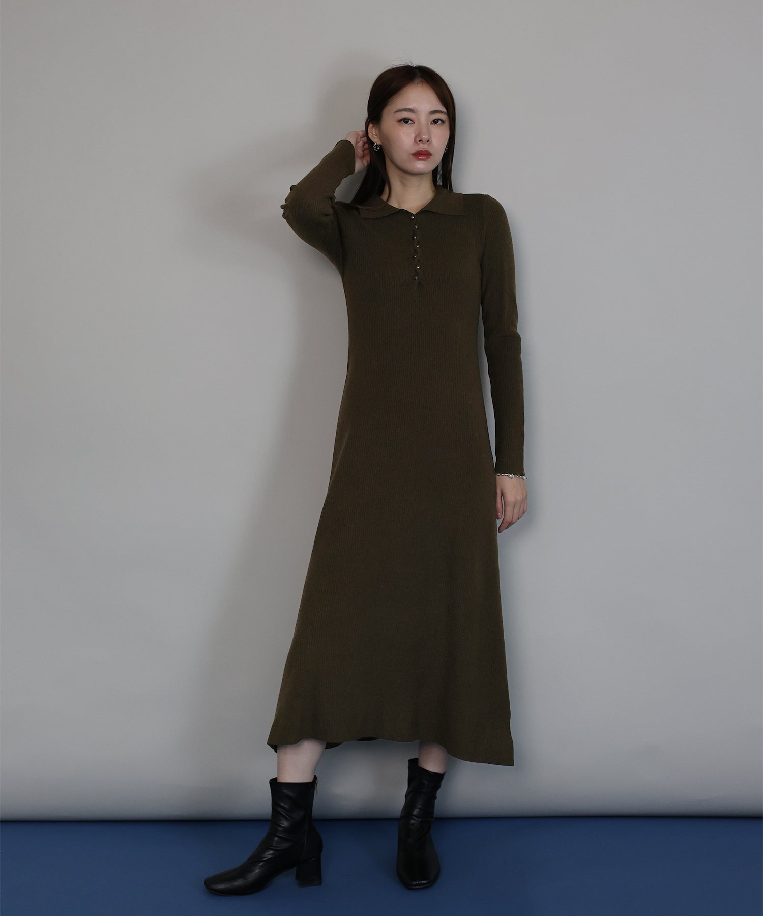 ベージュ リブ編み ポロワンピース リブニットポロワンピース/ベージュ（ワンピース）｜amel（エイメル