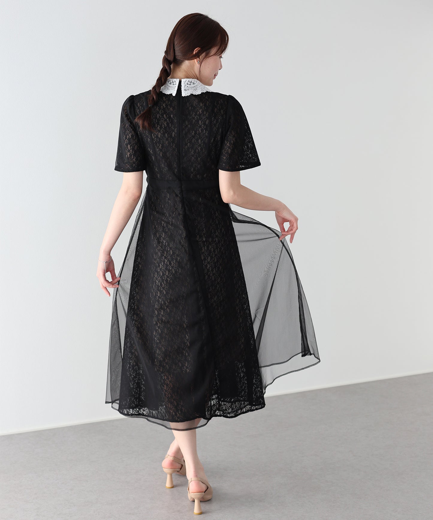 【早割5％OFF】レース襟チュールフレアドレス