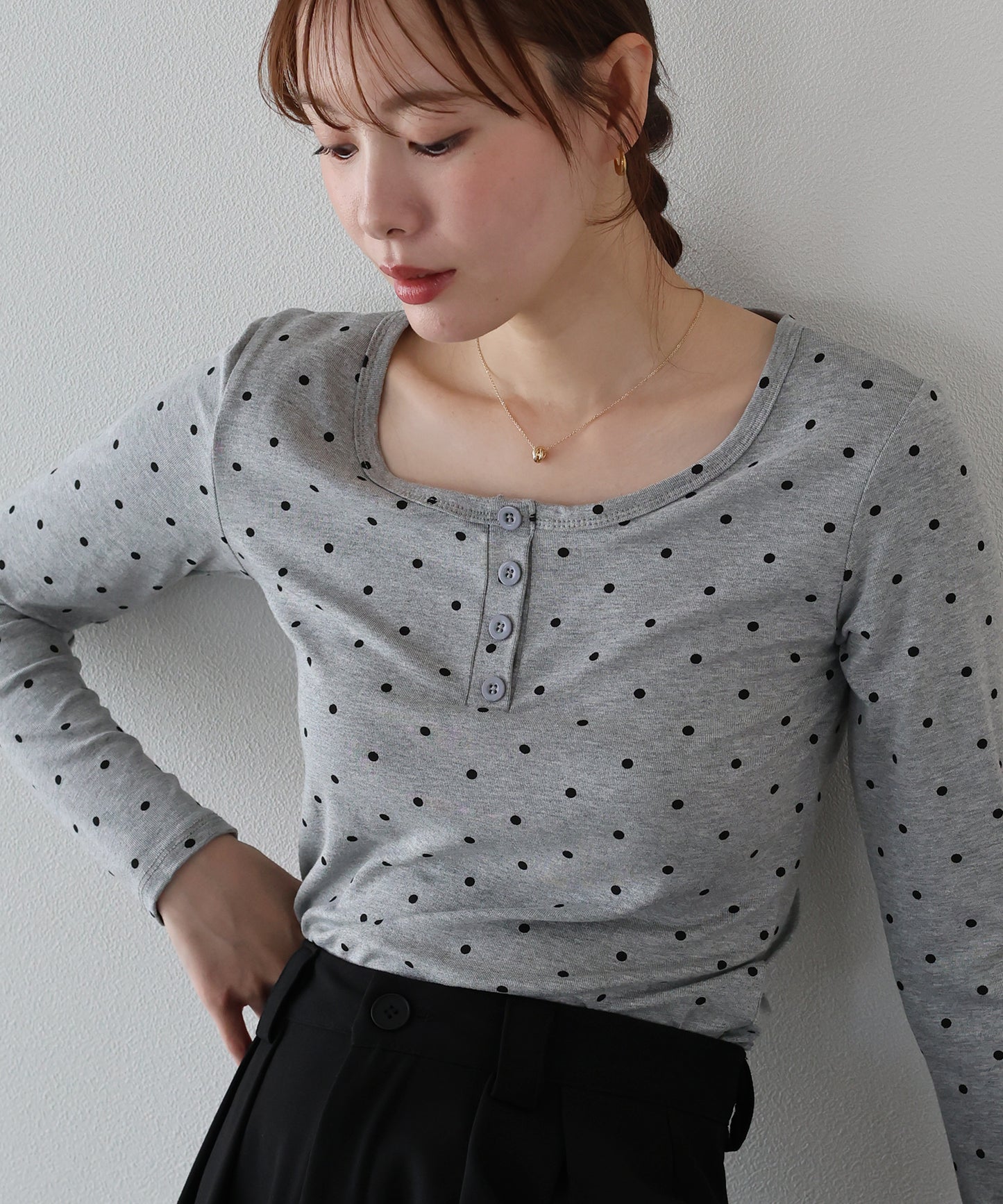 【早割5％OFF】ヘンリーネックドットロングＴシャツ【メール便】