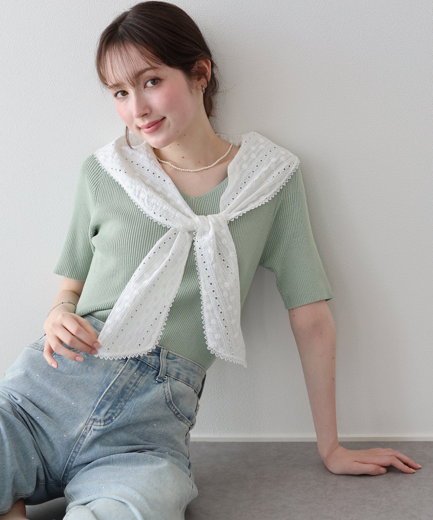 【早割5％OFF】コットンレースセーラーカラーニット