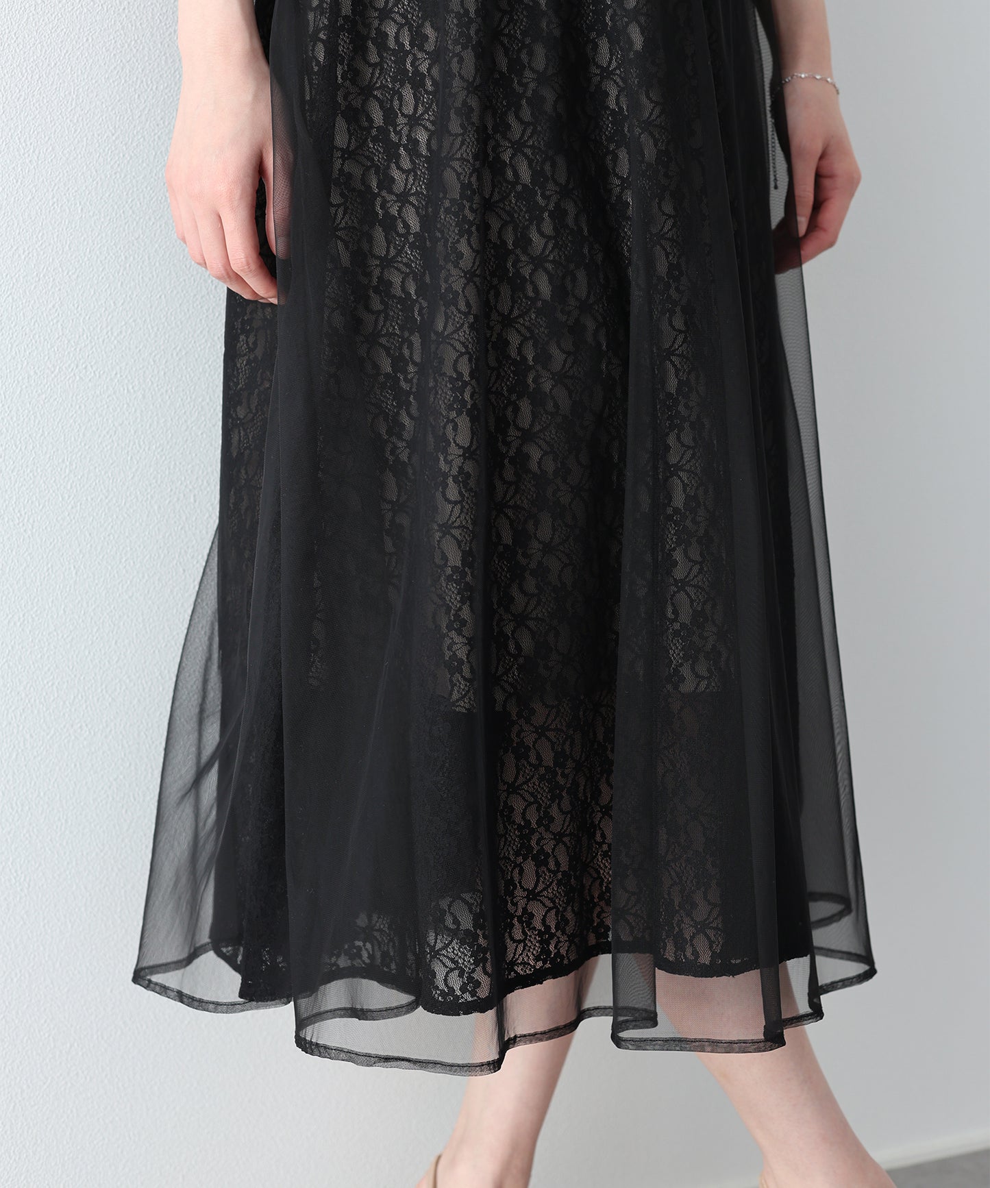 【早割5％OFF】レース襟チュールフレアドレス