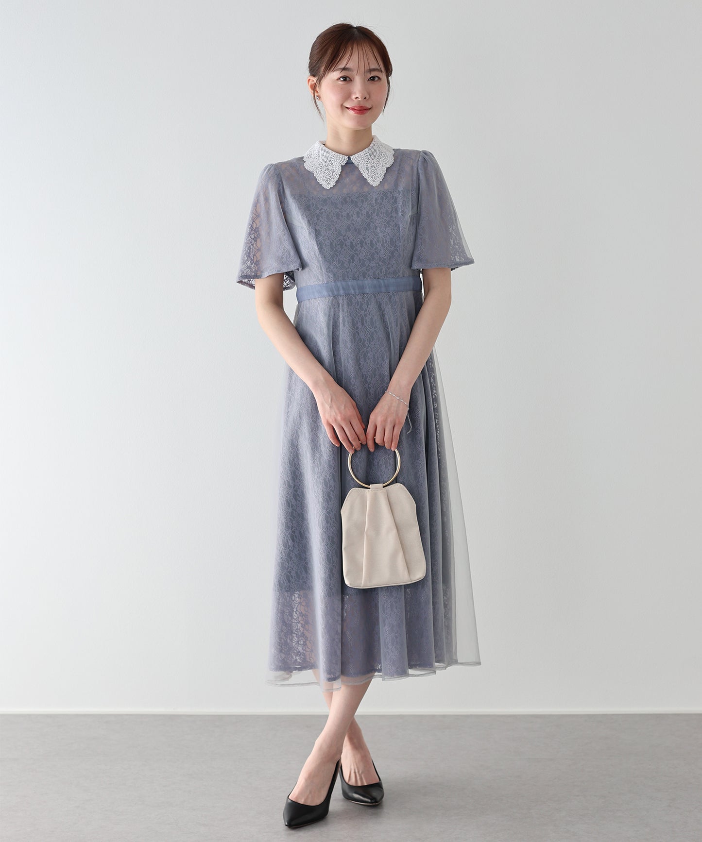 【早割5％OFF】レース襟チュールフレアドレス