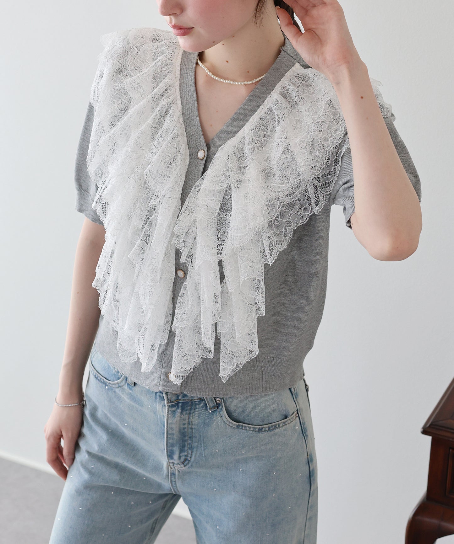 【早割5％OFF】レースフリルショートスリーブカーディガン【メール便】