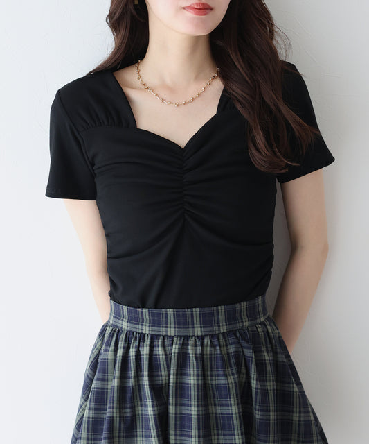 【TIME SALE】半袖ハートネックギャザーTシャツ【ネコポス】