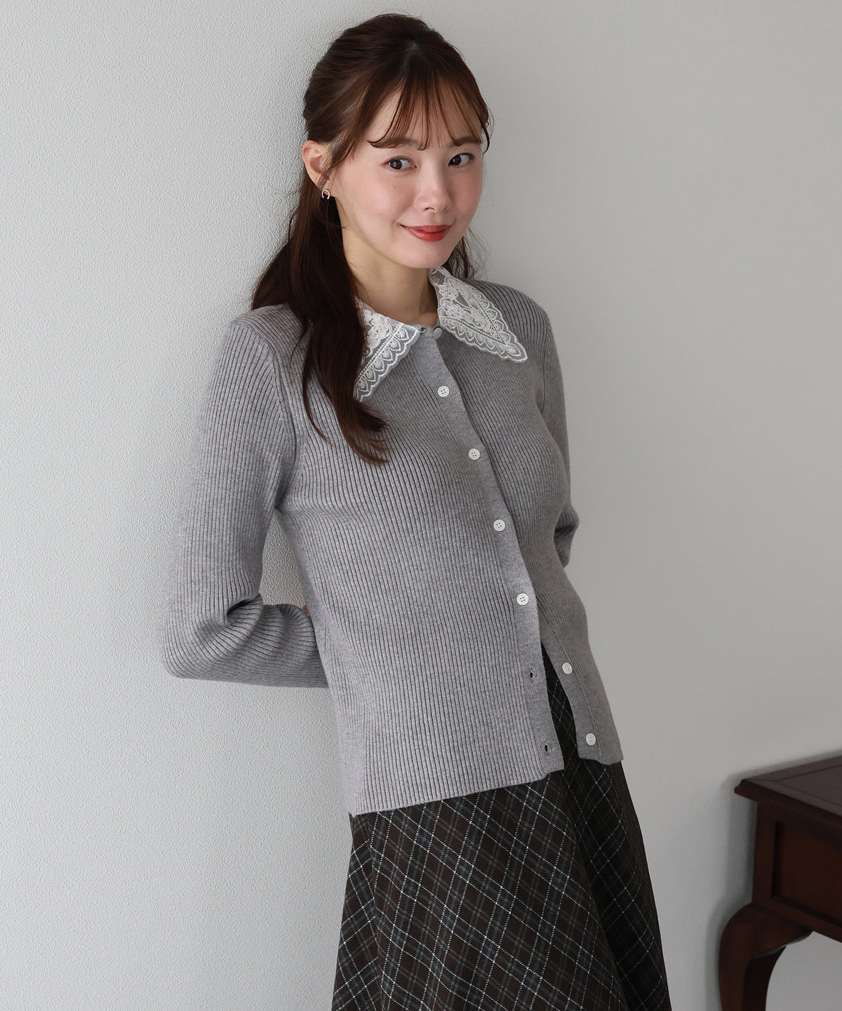 【早割5％OFF】レース襟リブカーディガン