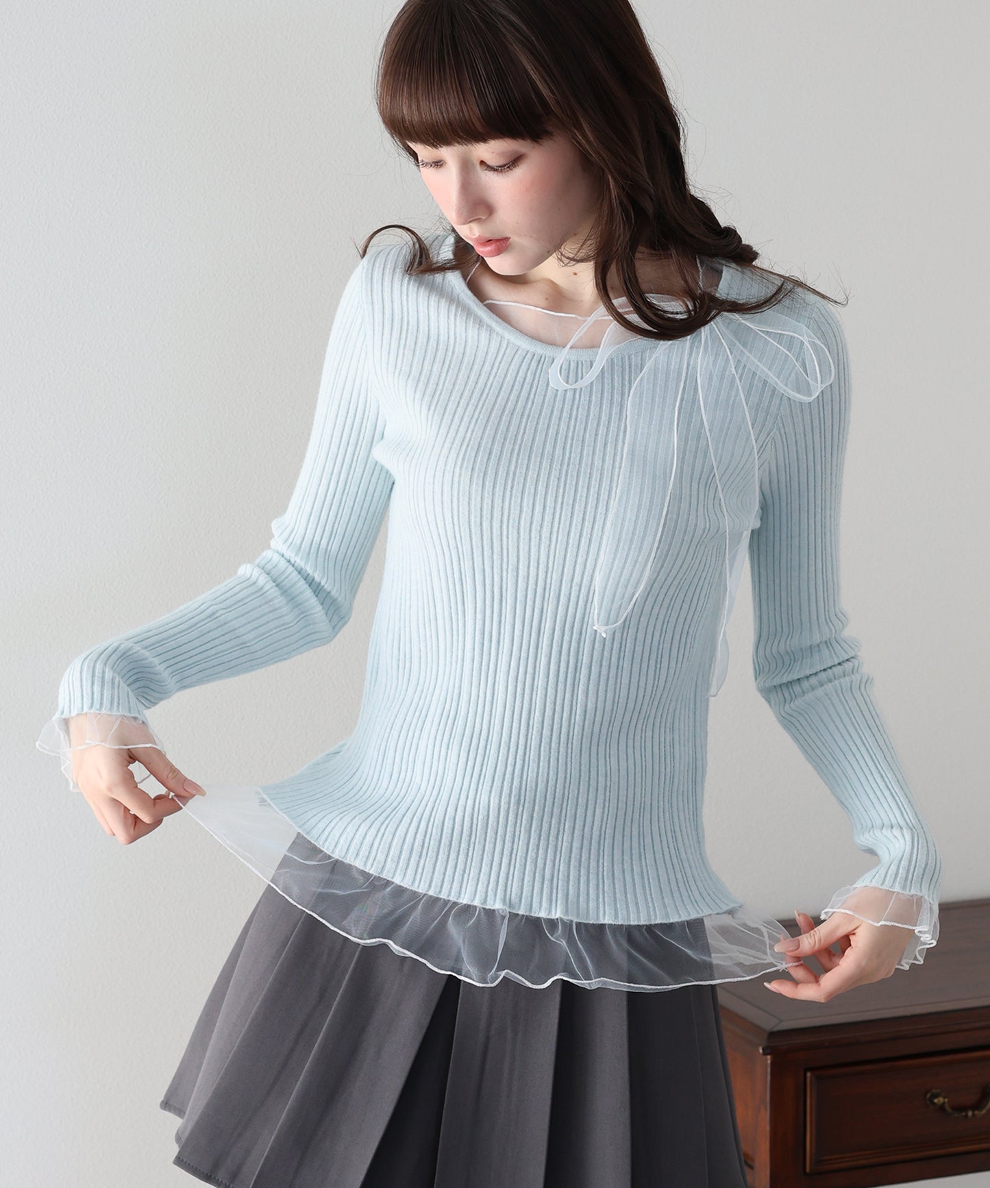 【早割5％OFF】シアーリボンドッキングニット