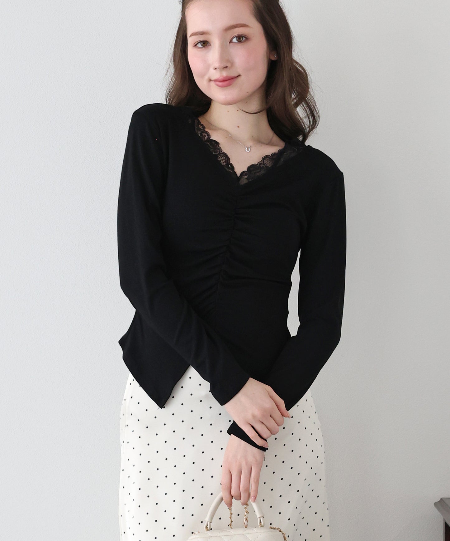 【早割5％OFF】フロントギャザーレースカットソー【ネコポス】