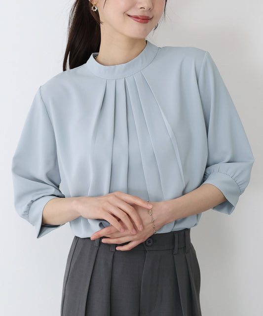 【TIME SALE】ハイネック五分袖タックブラウス【ネコポス】