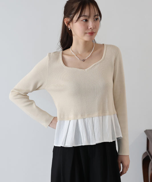 プリーツドッキングハートネックニット