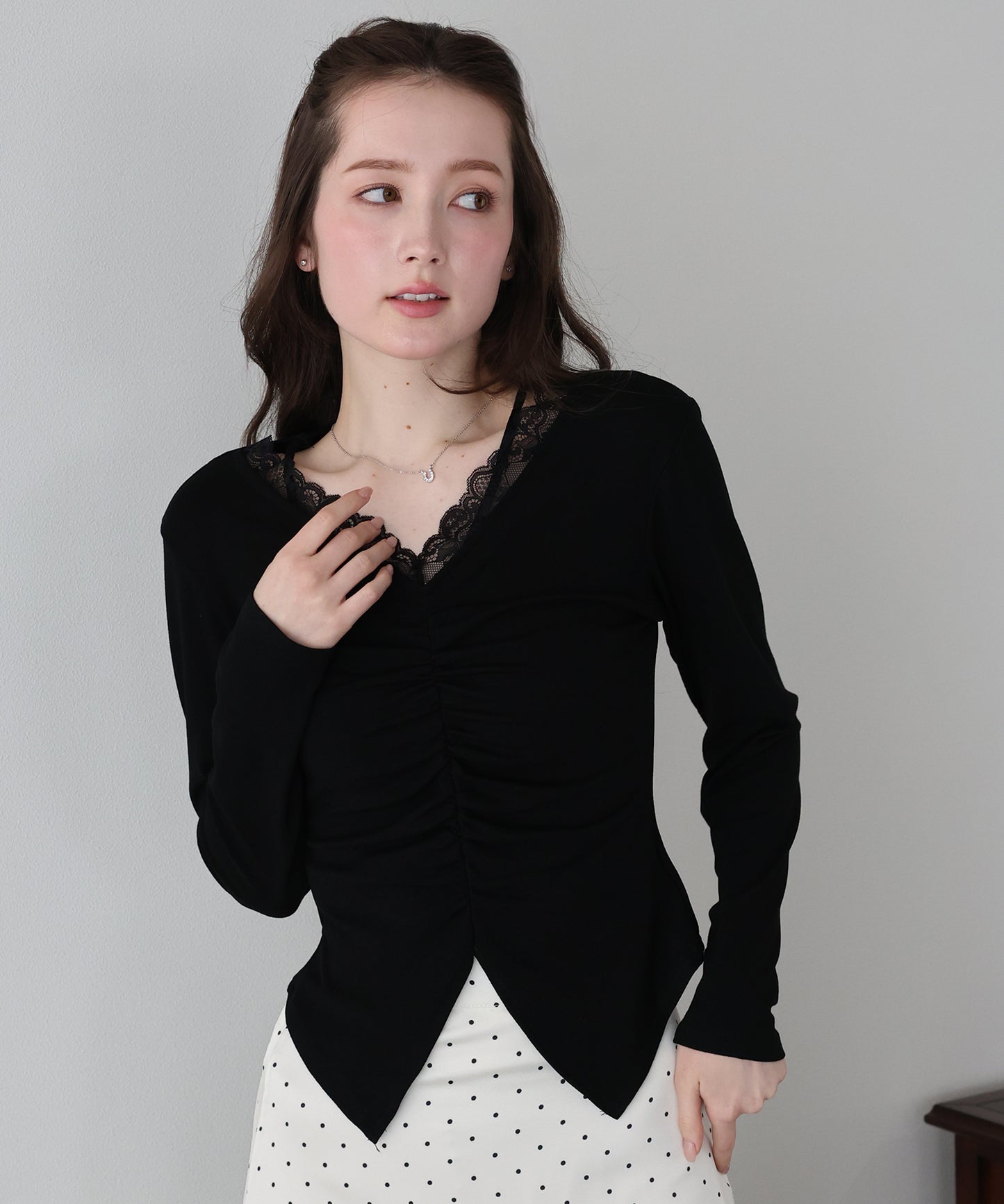 【早割5％OFF】フロントギャザーレースカットソー【ネコポス】