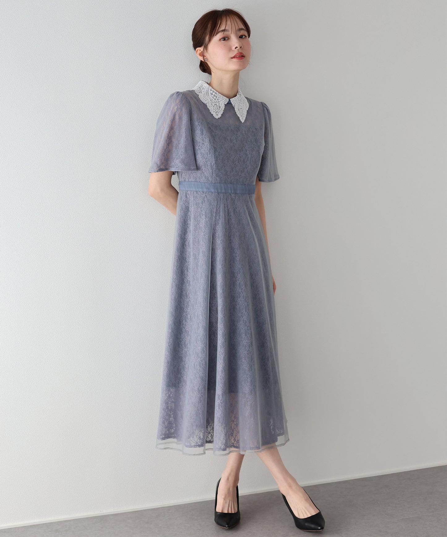 【早割5％OFF】レース襟チュールフレアドレス