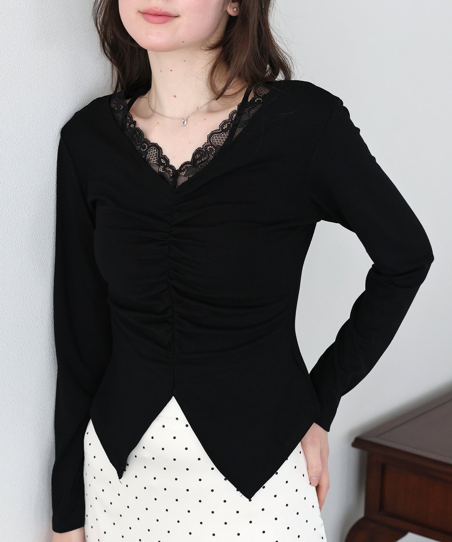 【早割5％OFF】フロントギャザーレースカットソー【ネコポス】