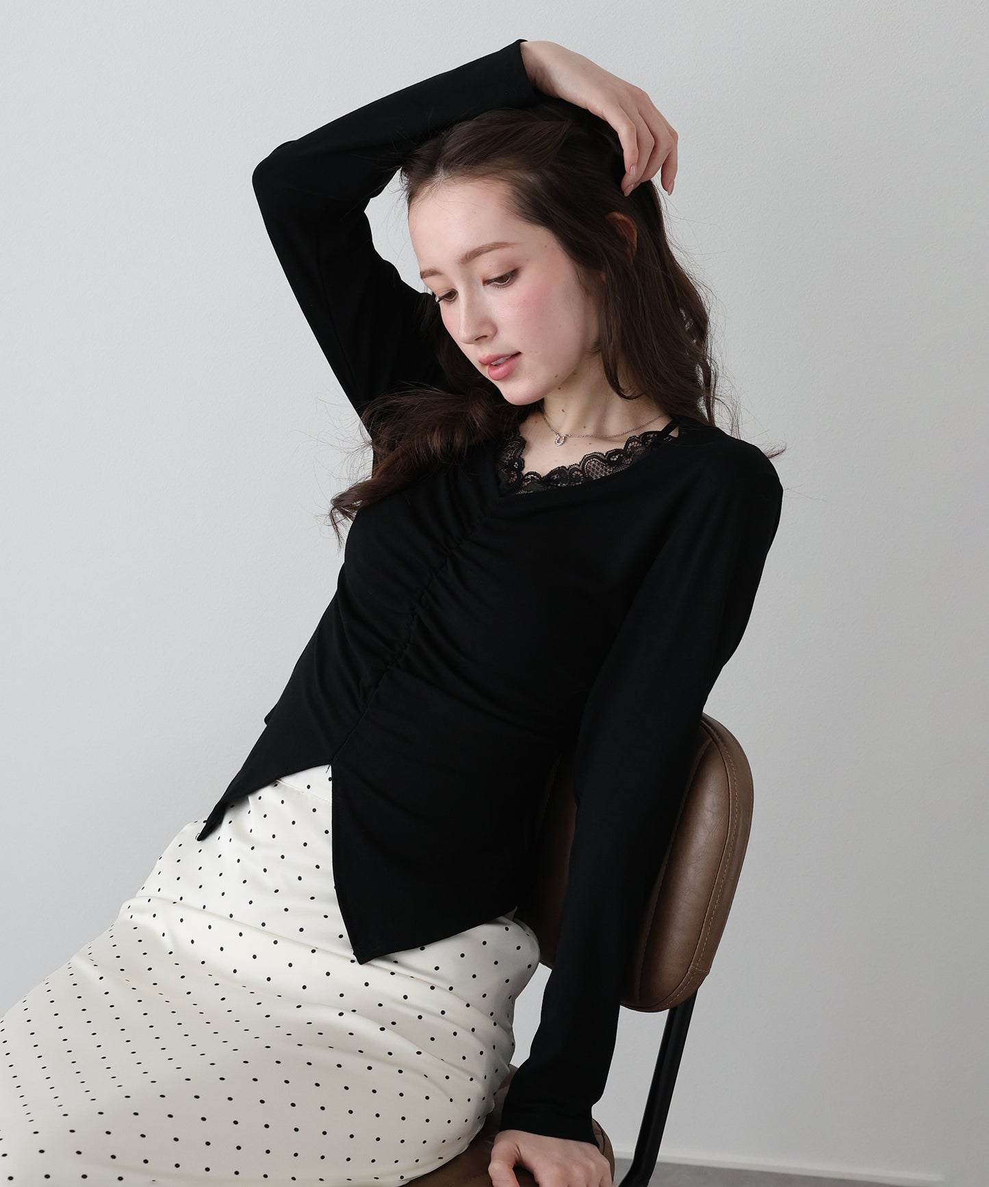 【早割5％OFF】フロントギャザーレースカットソー【ネコポス】