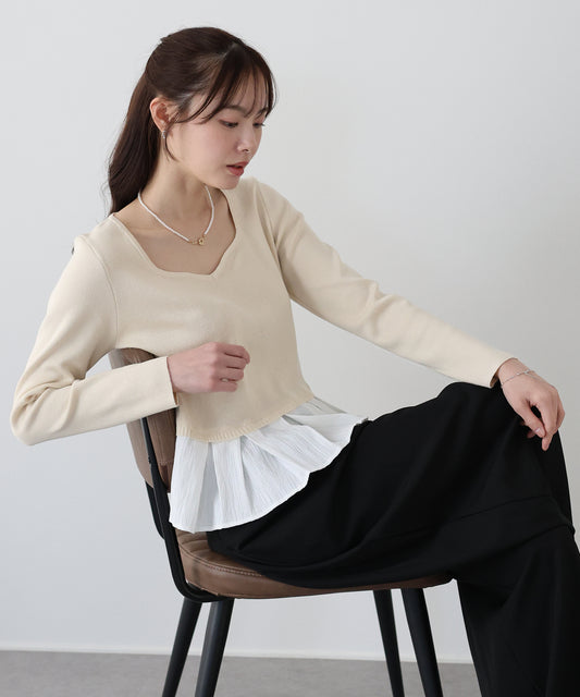 プリーツドッキングハートネックニット