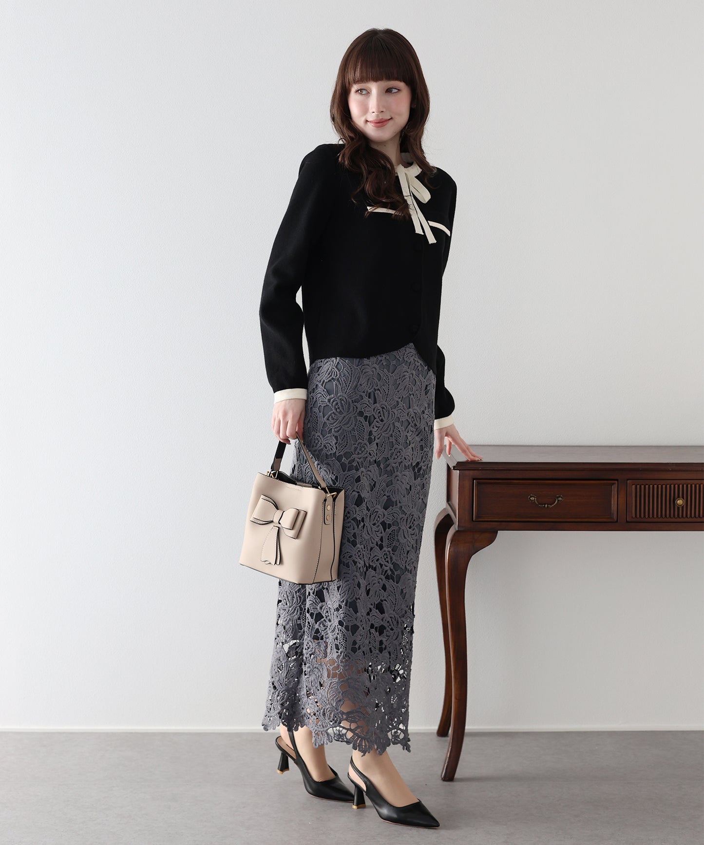 配色リボンカーディガン