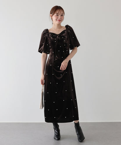 【早割5％OFF】《2サイズ展開》リボンパールベロアドレス