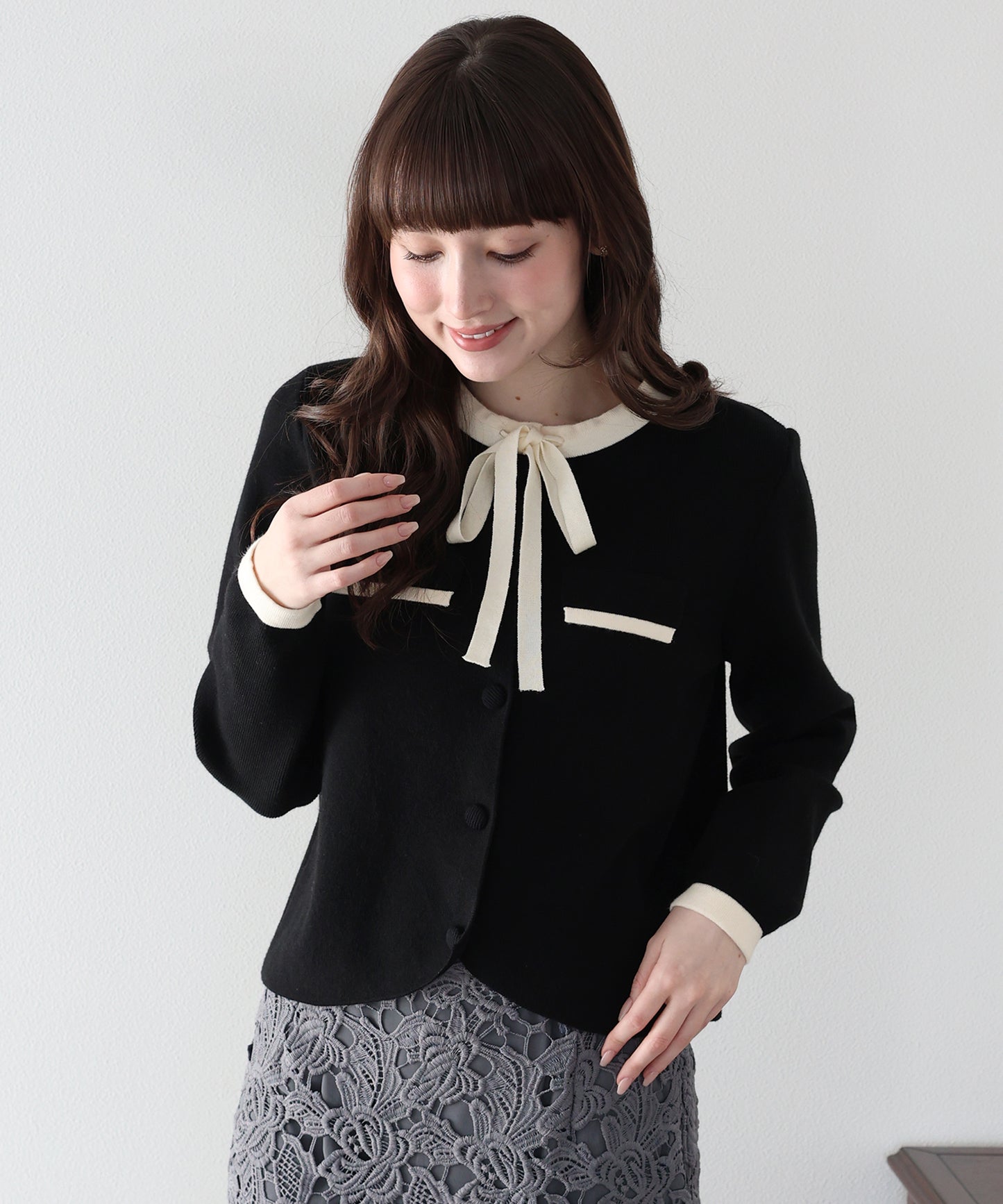 配色リボンカーディガン