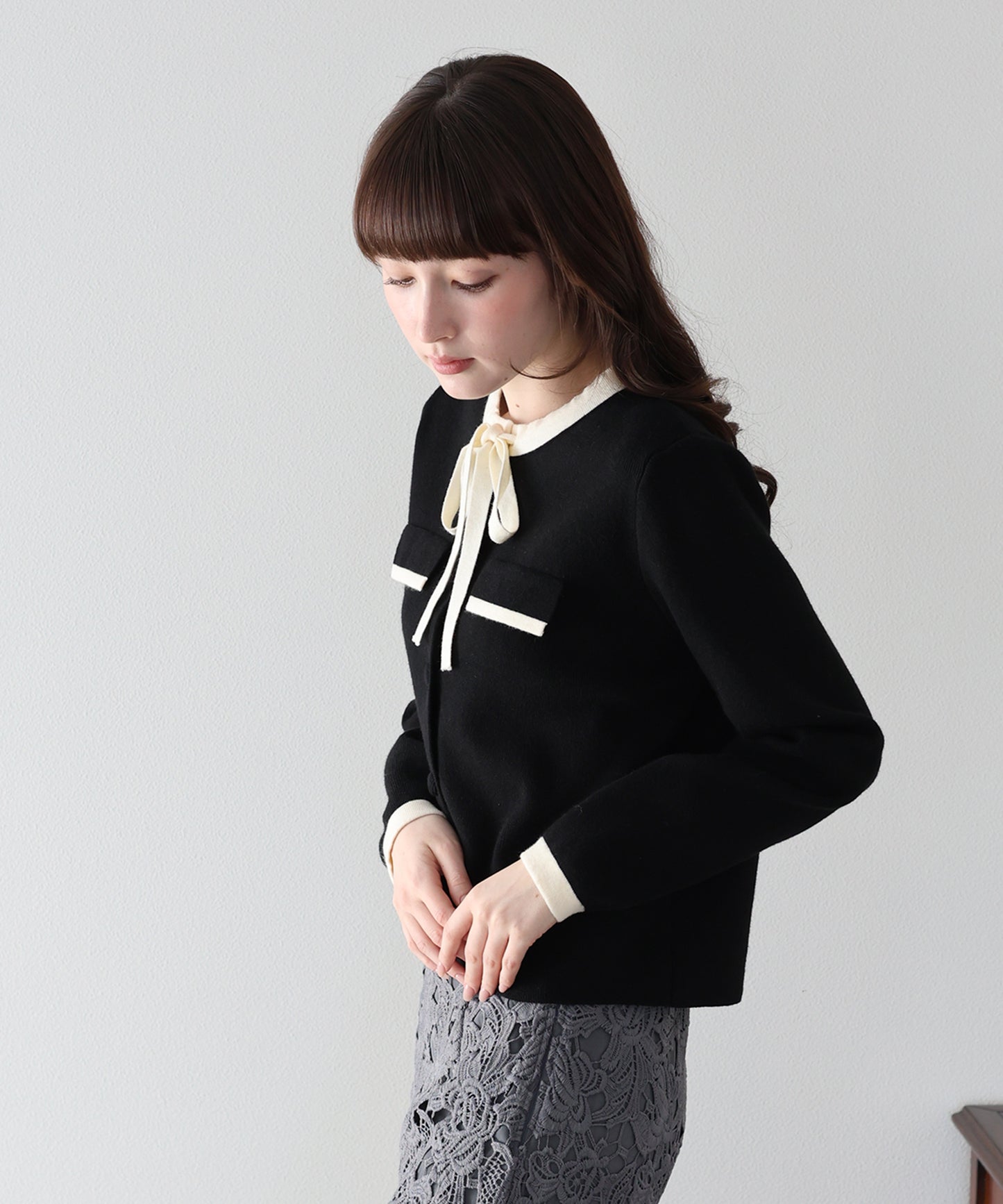 配色リボンカーディガン