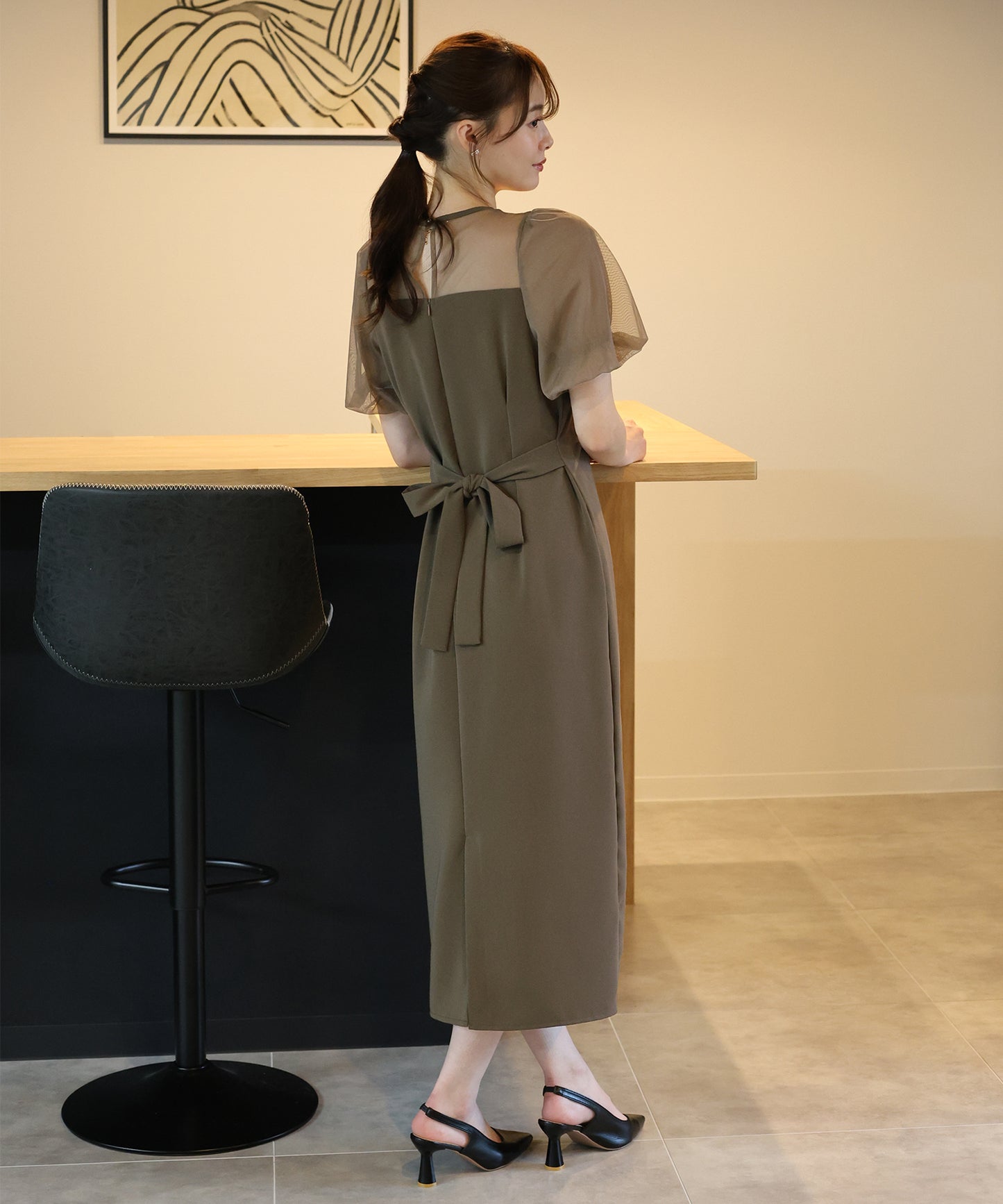 バルーンスリーブ オーガンジー袖&ジャガード＆ベロアワンピース