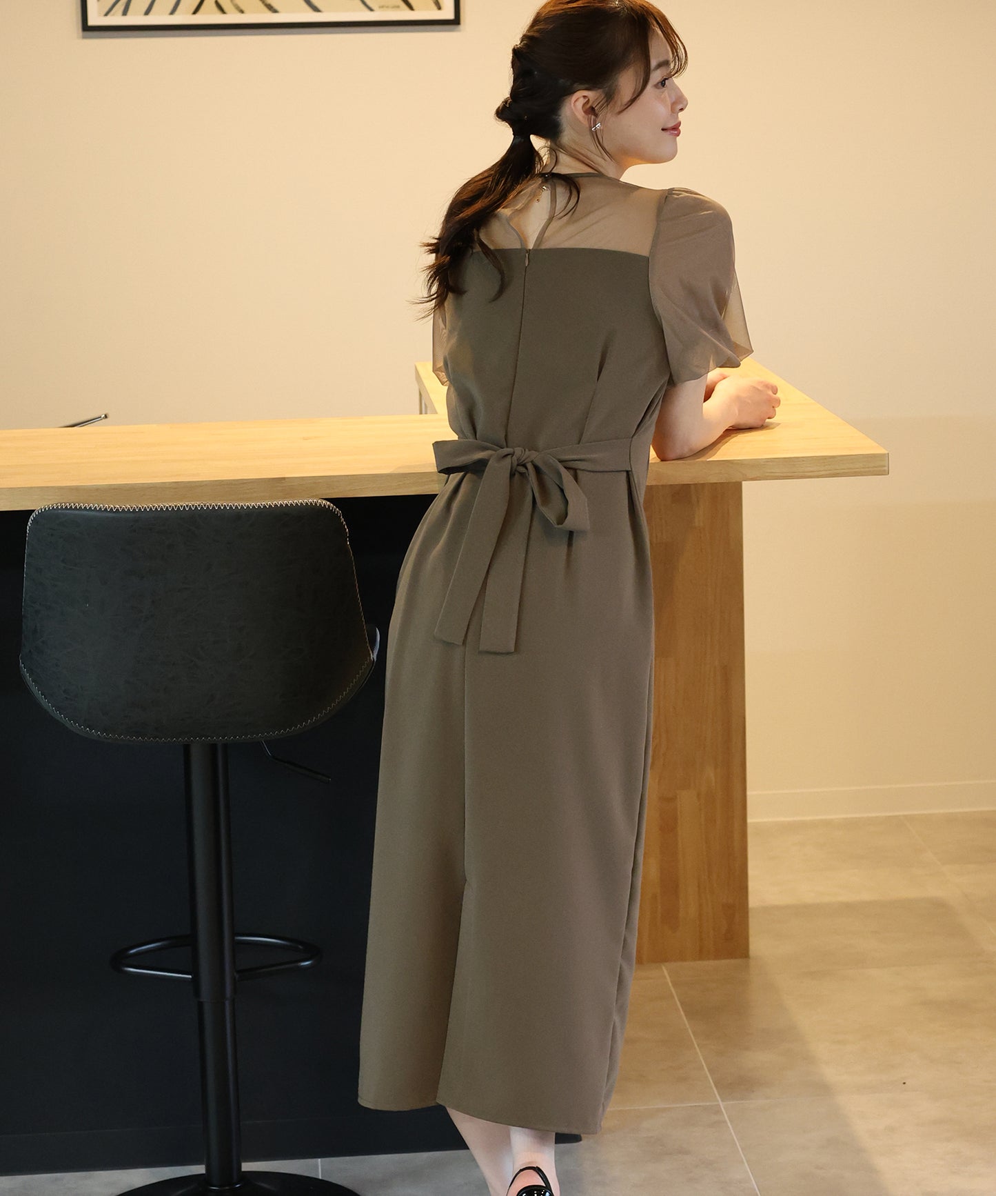 バルーンスリーブ オーガンジー袖&ジャガード＆ベロアワンピース