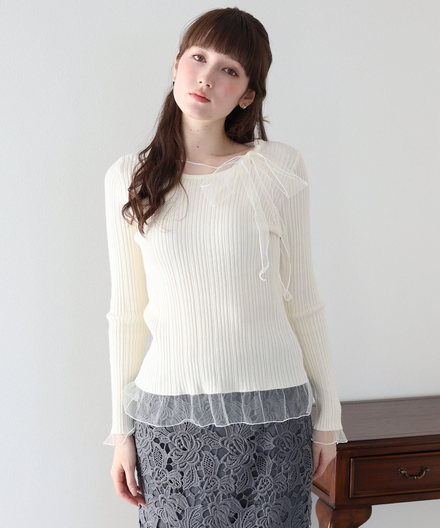 【早割5％OFF】シアーリボンドッキングニット