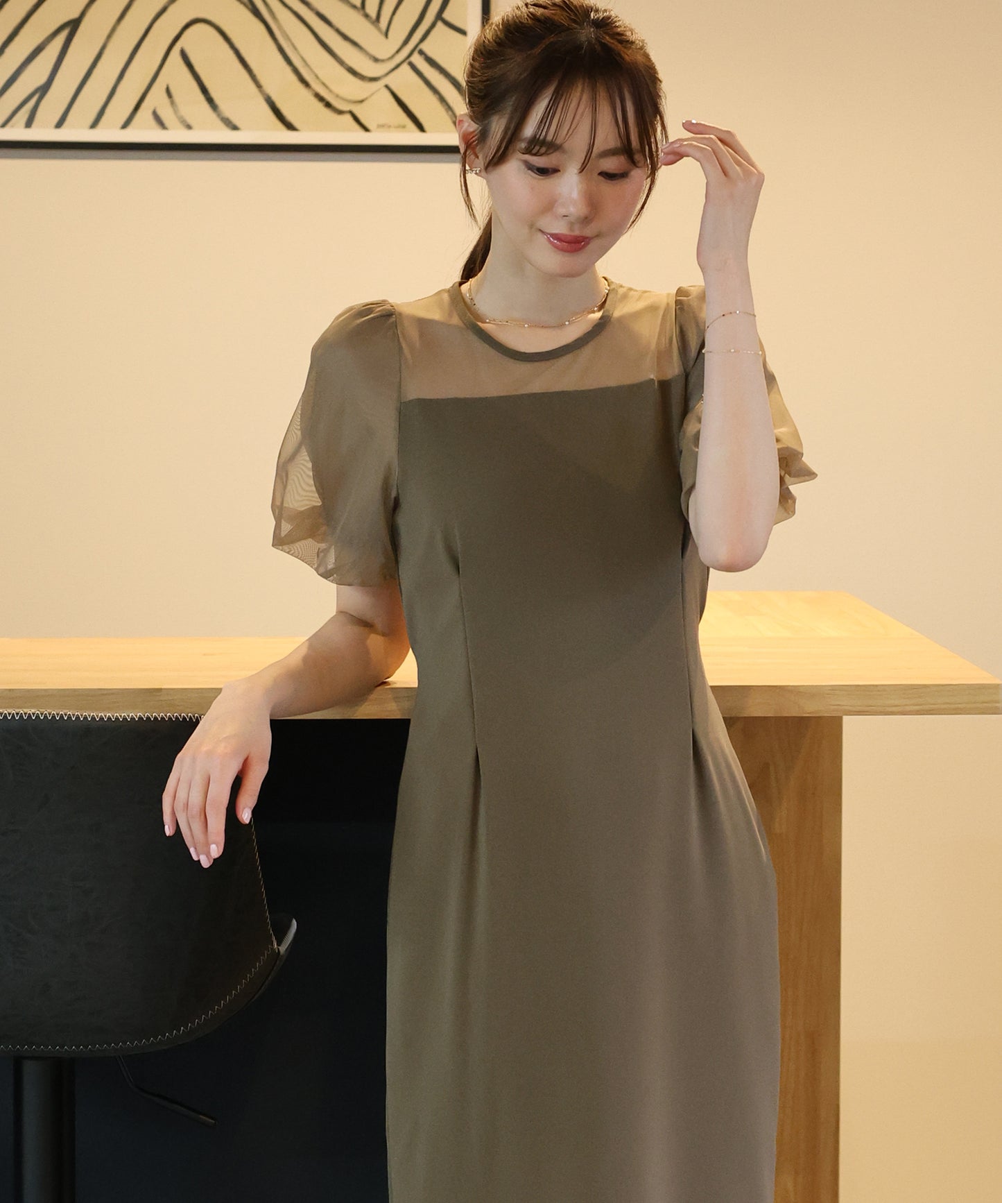 バルーンスリーブ オーガンジー袖&ジャガード＆ベロアワンピース