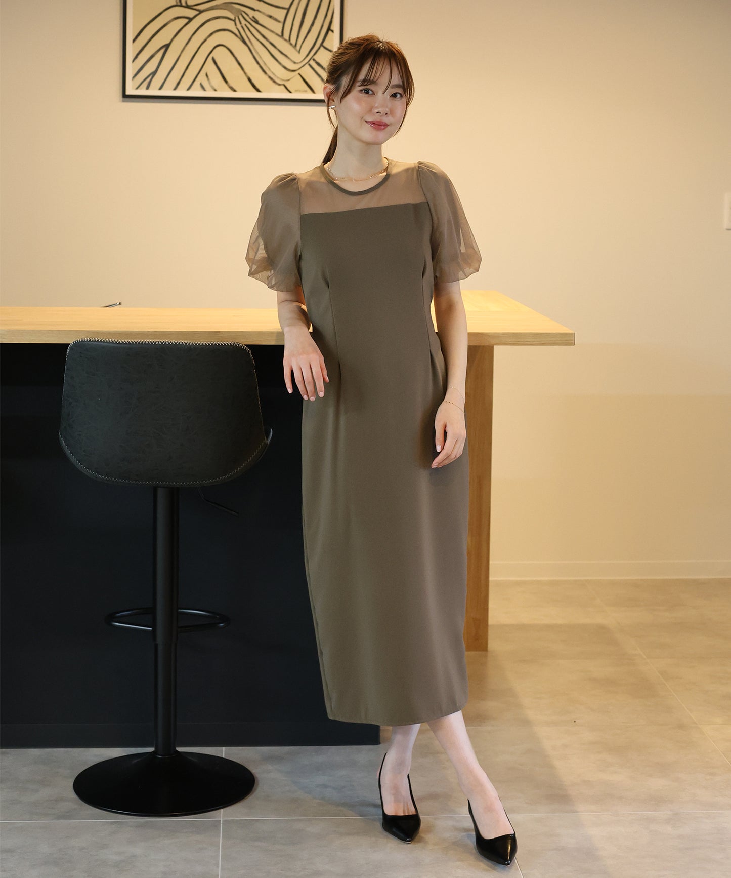 バルーンスリーブ オーガンジー袖&ジャガード＆ベロアワンピース