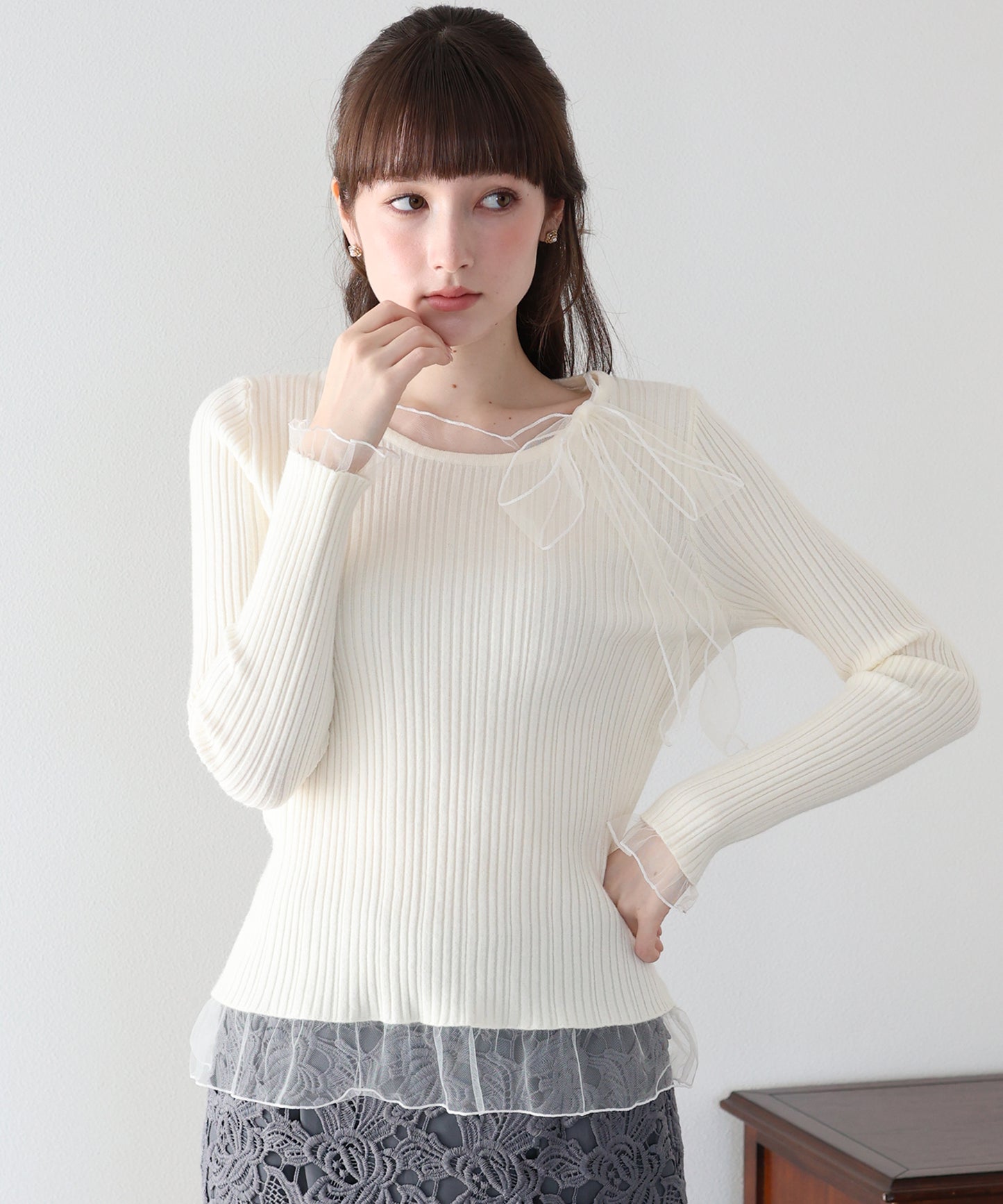 【早割5％OFF】シアーリボンドッキングニット