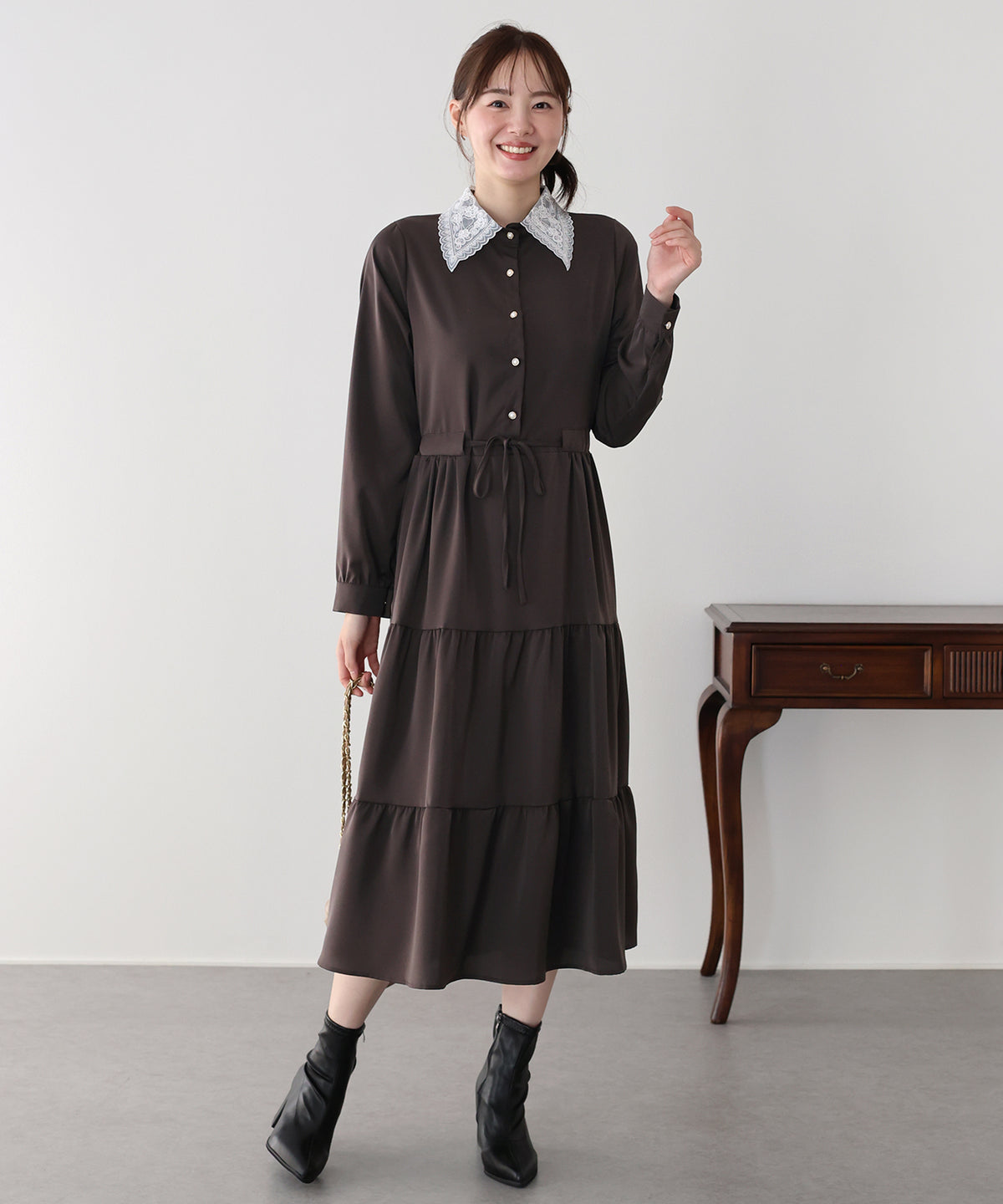 【早割5％OFF】《選べる着丈》レースカラーティアードワンピース