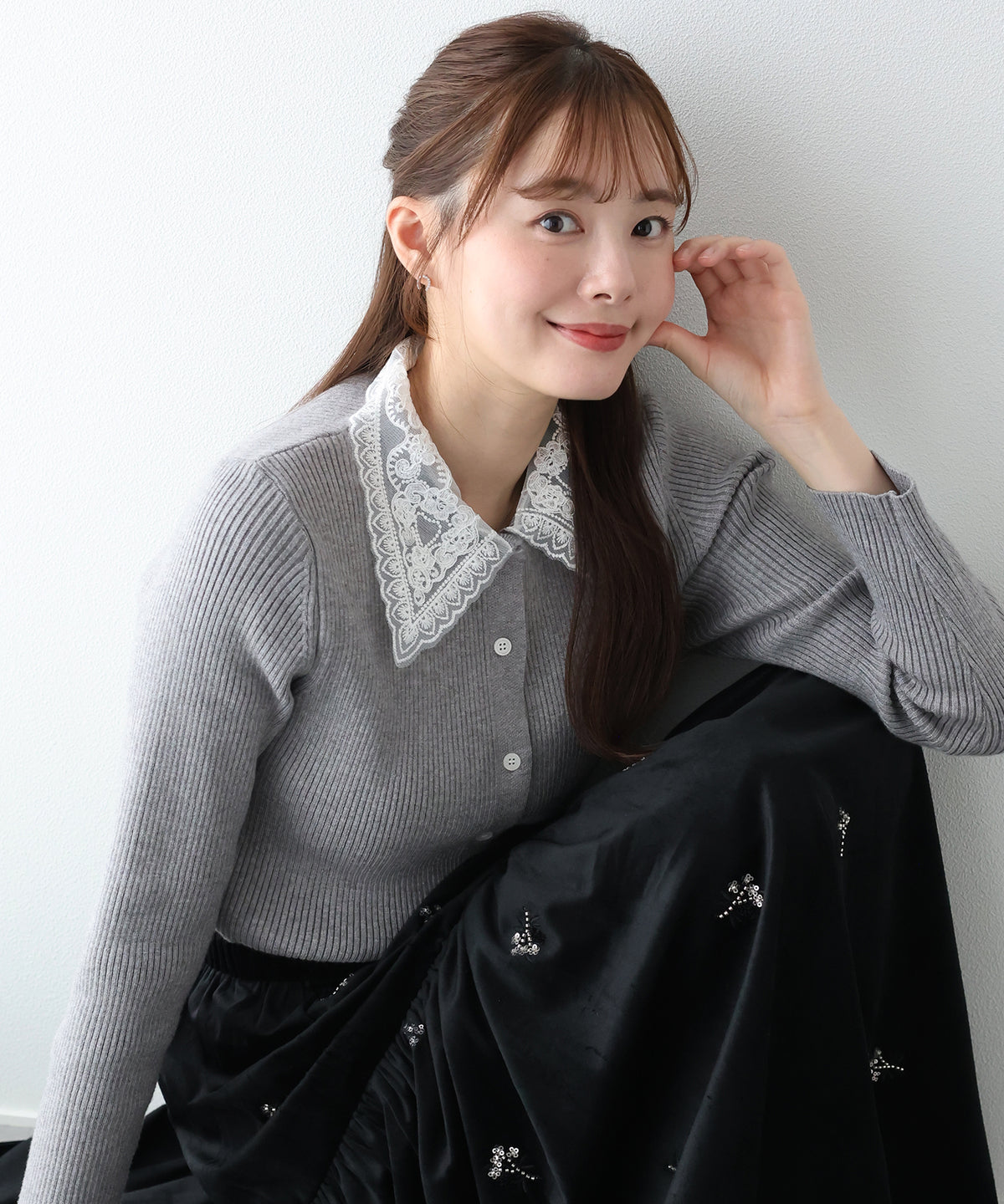 【早割5％OFF】レース襟リブカーディガン