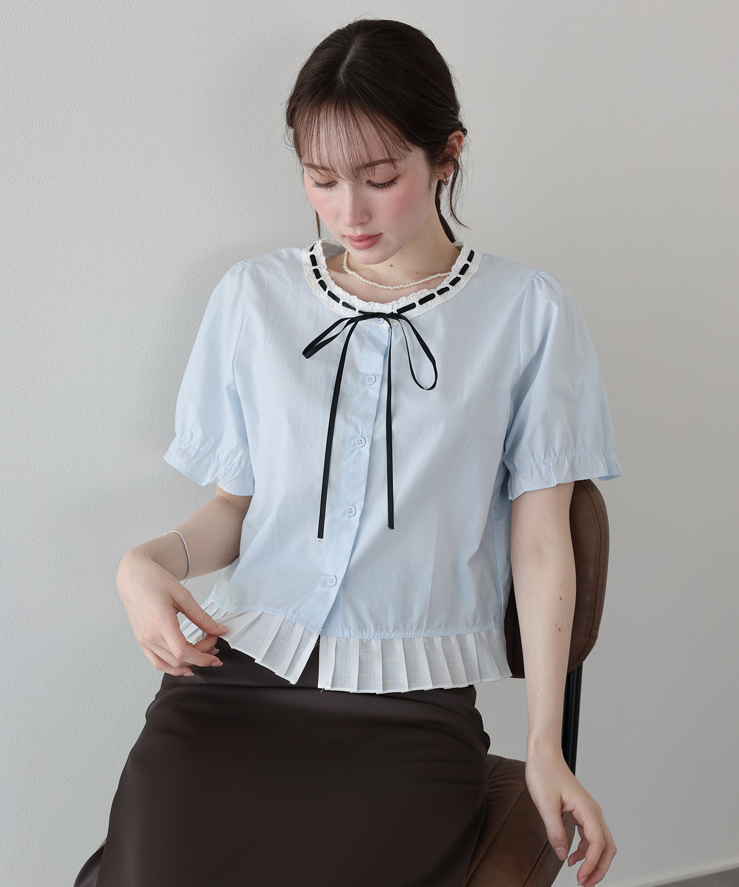 【早割5％OFF】バイカラーリボンブラウス【メール便】