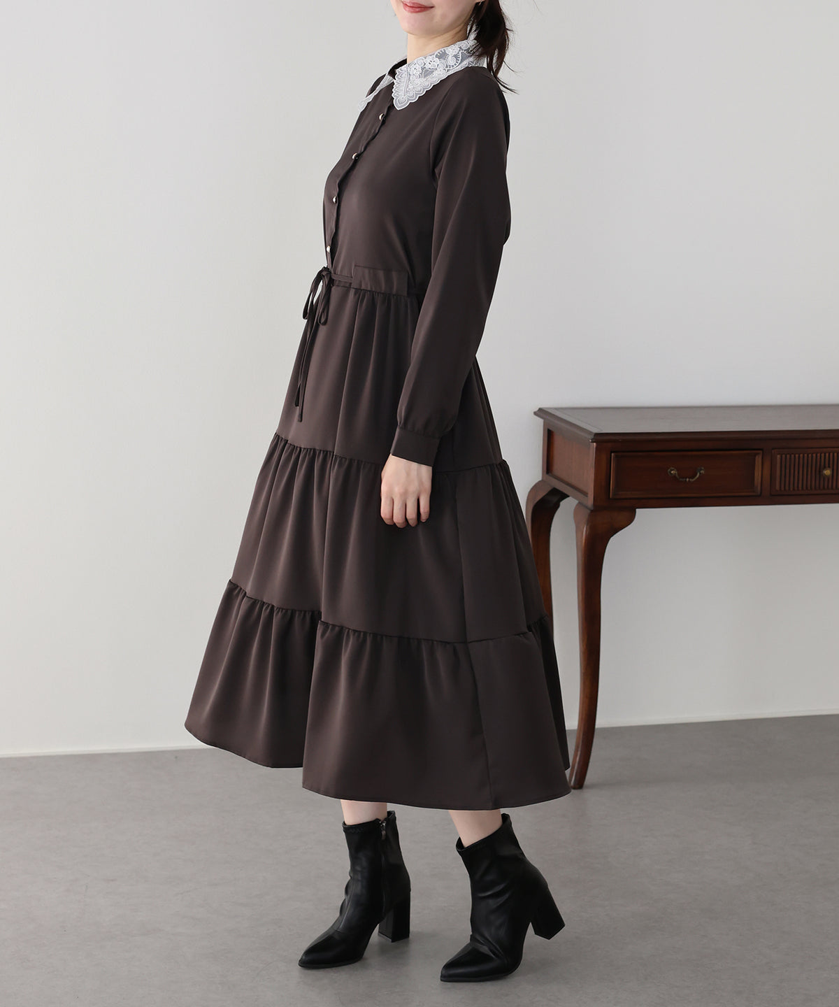 【早割5％OFF】《選べる着丈》レースカラーティアードワンピース