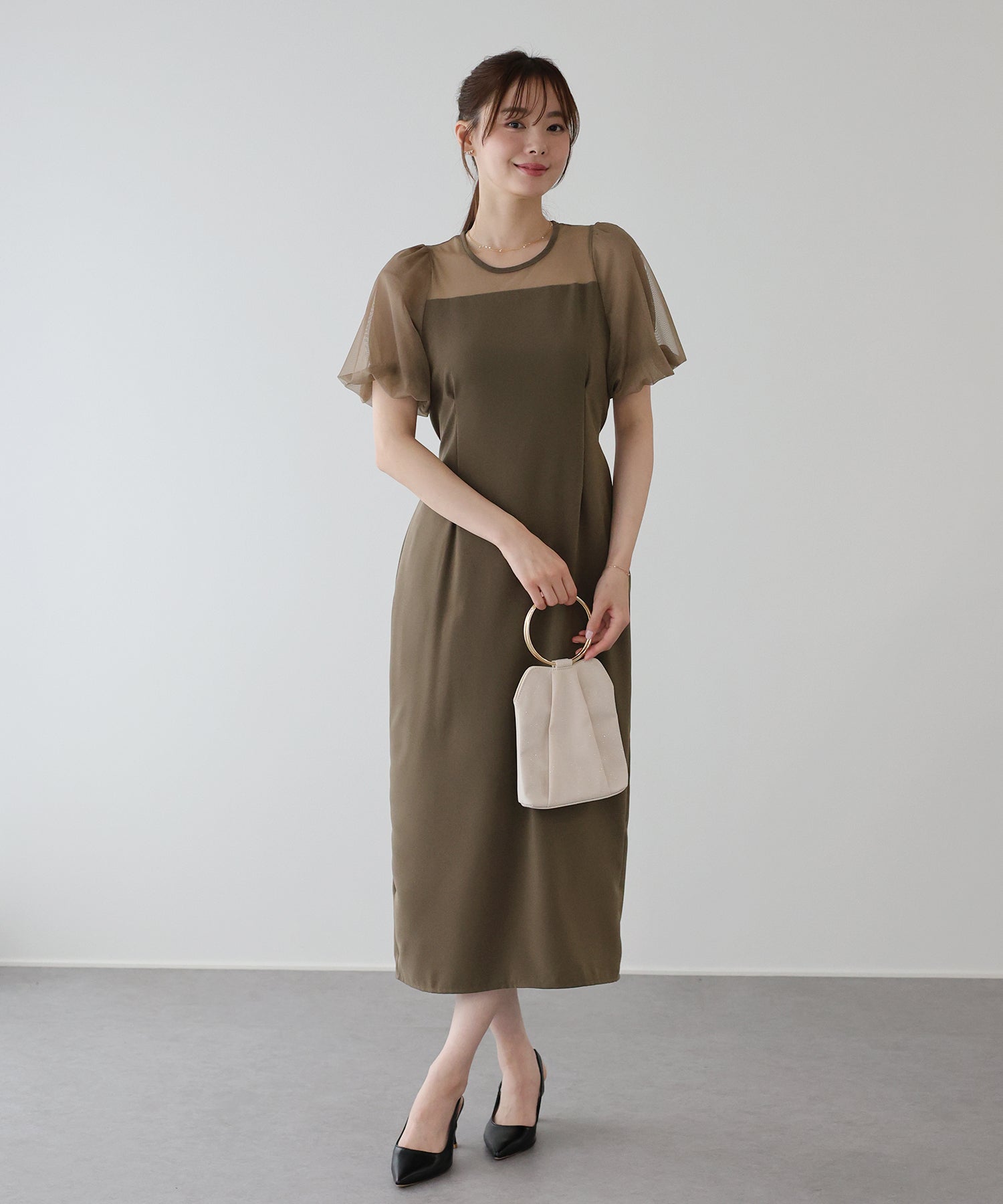 バルーンスリーブ オーガンジー袖&ジャガード＆ベロアワンピース