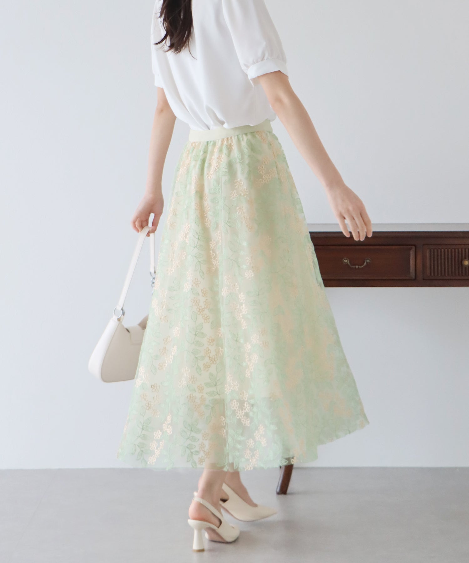【TIME SALE】花柄刺繍チュールスカート M / GREEN(60)