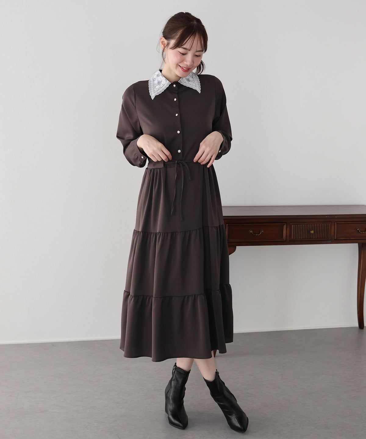 【早割5％OFF】《選べる着丈》レースカラーティアードワンピース