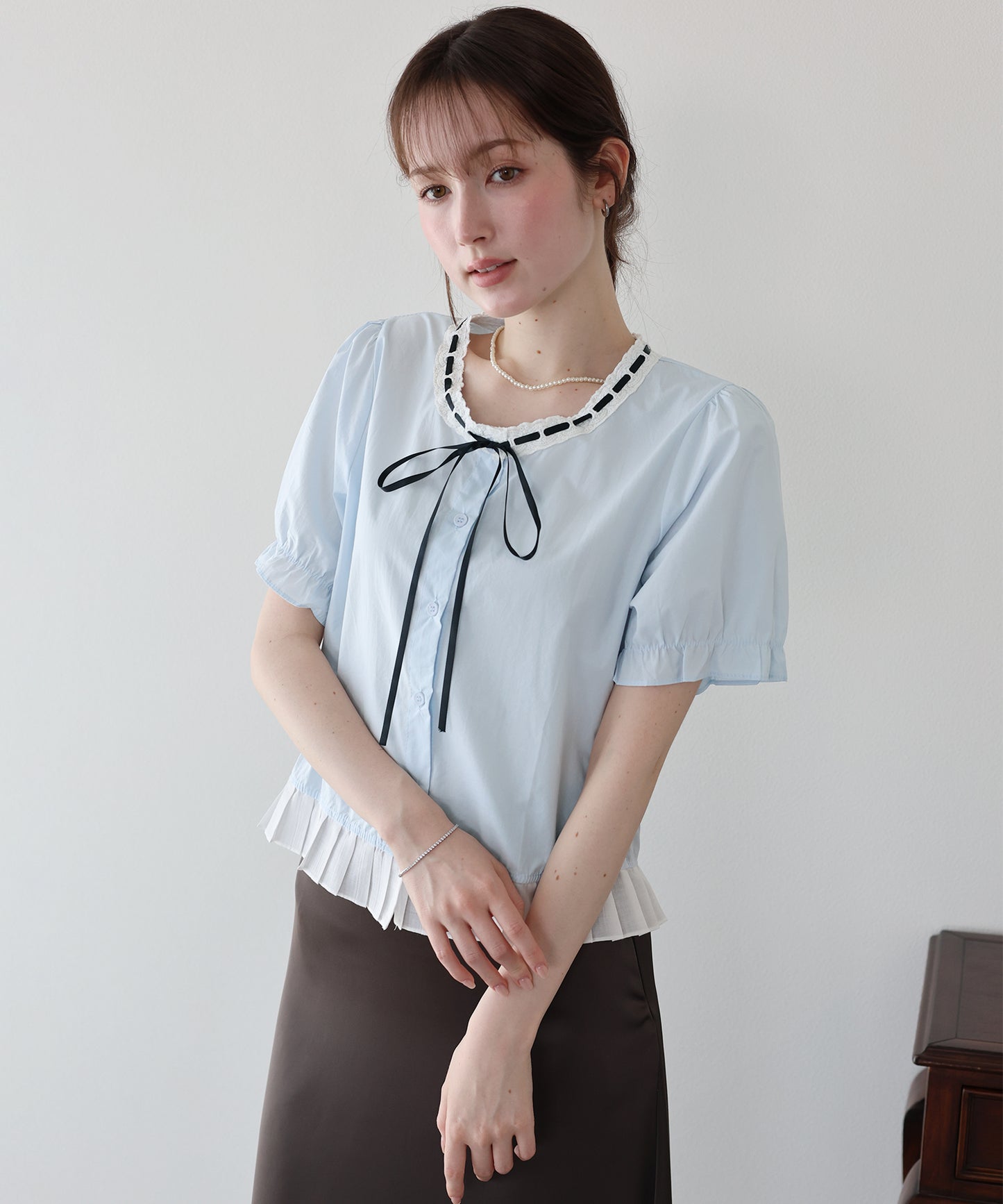 【早割5％OFF】バイカラーリボンブラウス【メール便】